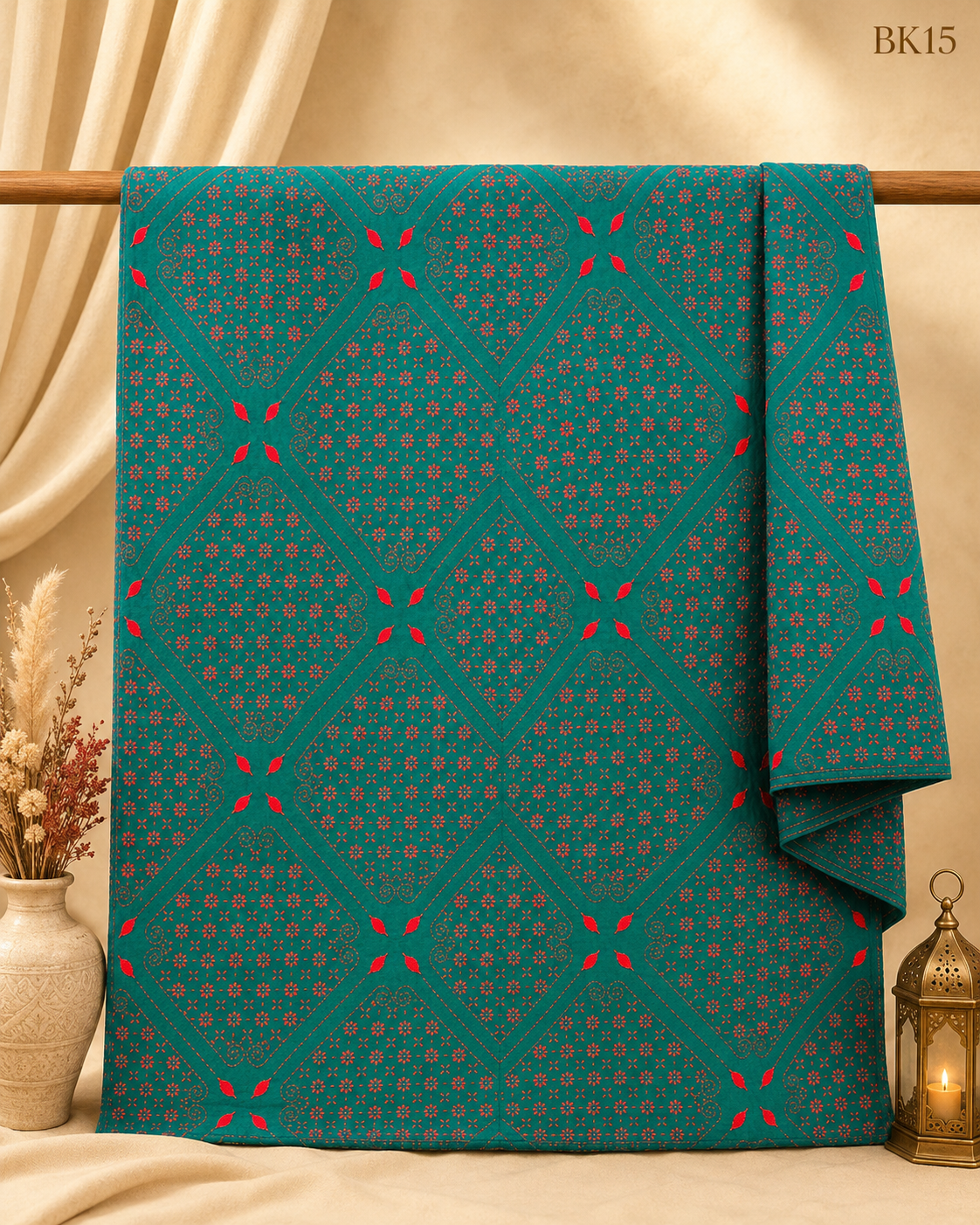Bakulful Nakshi Kantha – Teal Red Leaf Design | BK15
