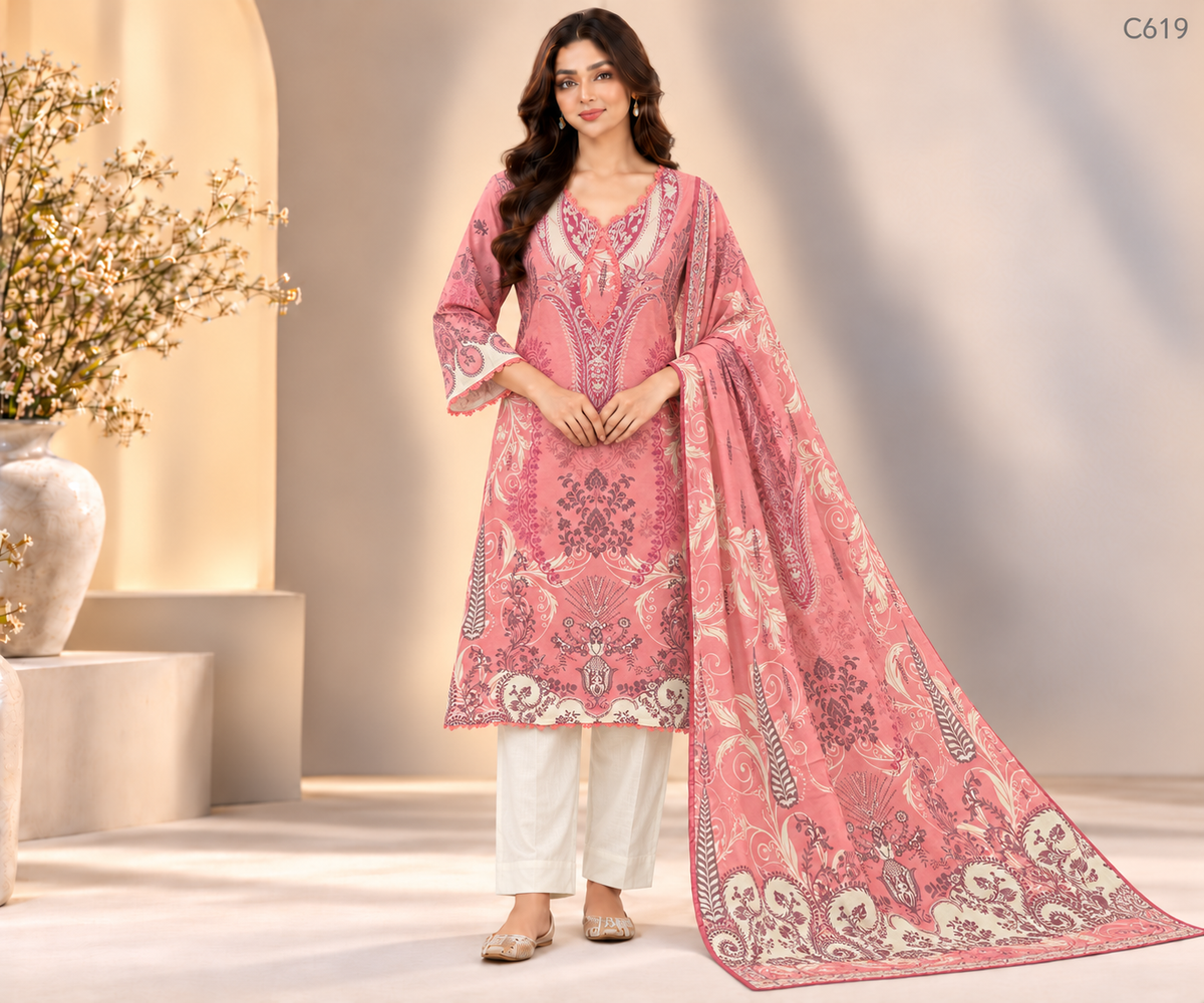 Luxury Ladies Floral & Ornamental Printed Stitched Three Piece - C619