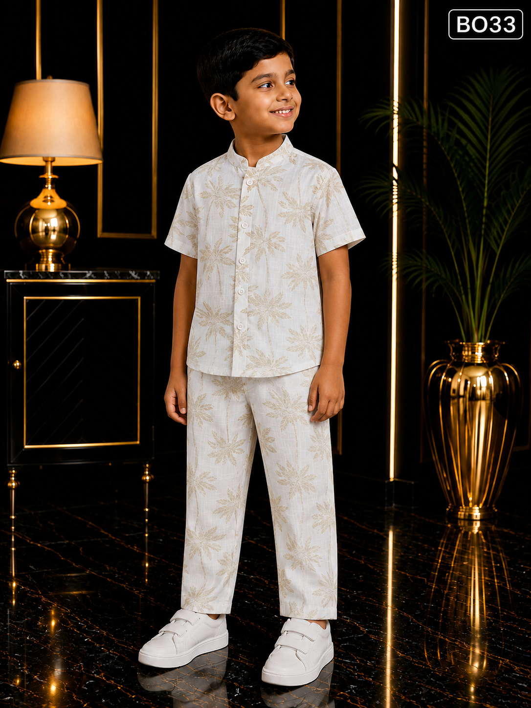Boys’ Ivory Palm Leaf Mandarin Collar Shirt & Pant Set-BO33