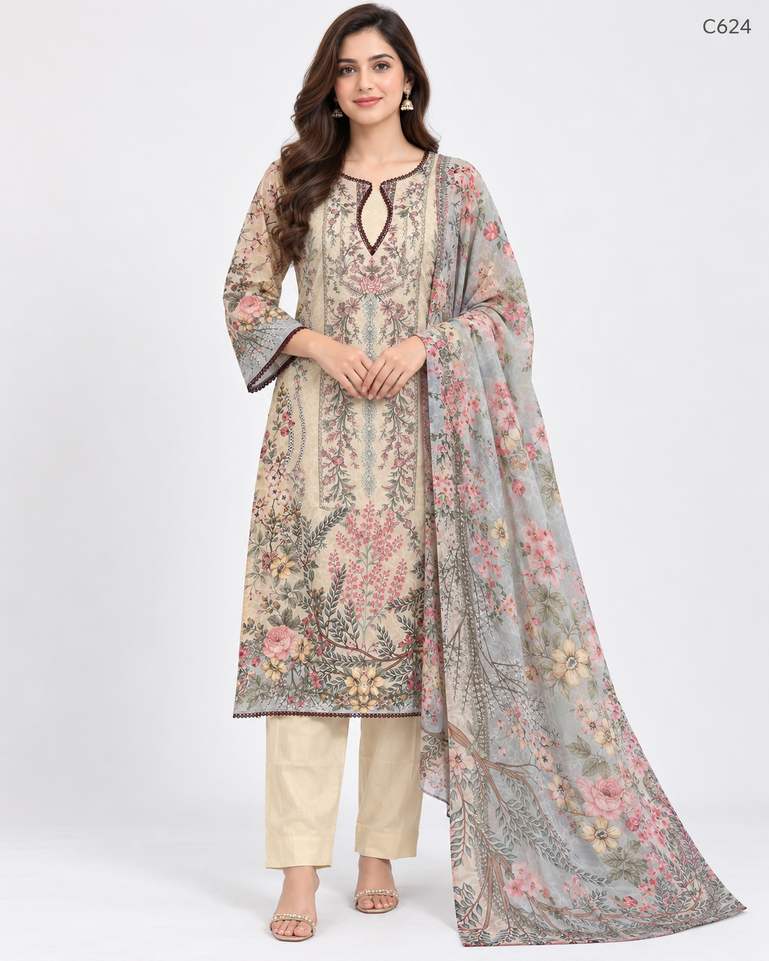 Luxury Ladies Floral & Ornamental Printed Stitched Three Piece - C624