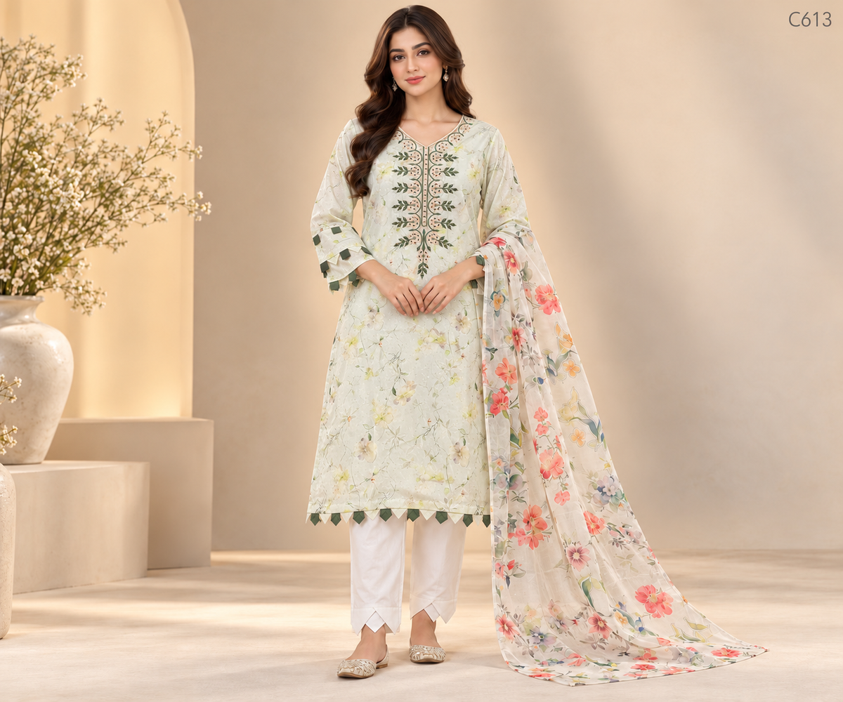 Premium Women’s Floral Embroidered Stitched Three Piece Set - C613