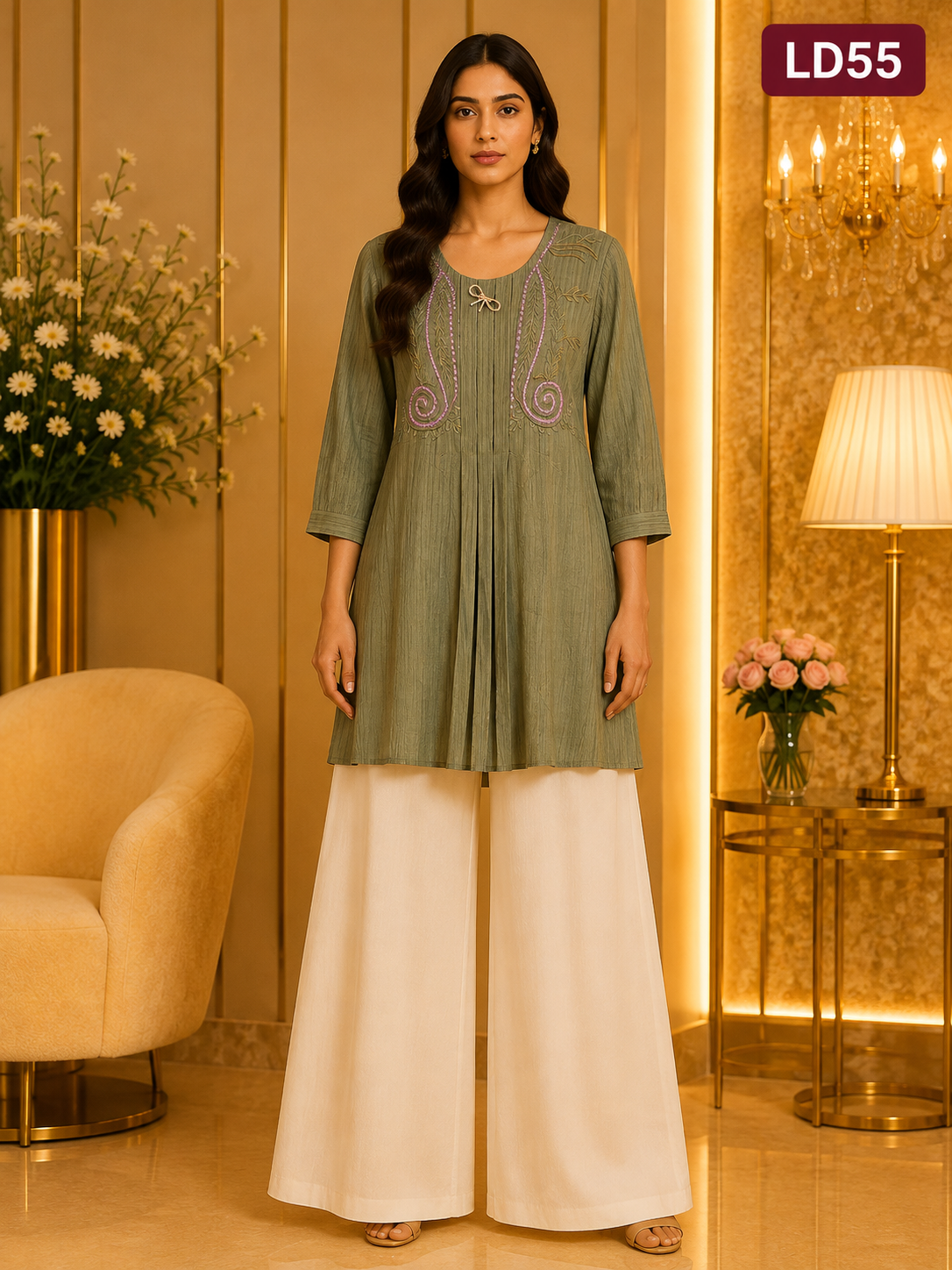 Olive Green Embroidered Pleated Linen One Point Top-LD55