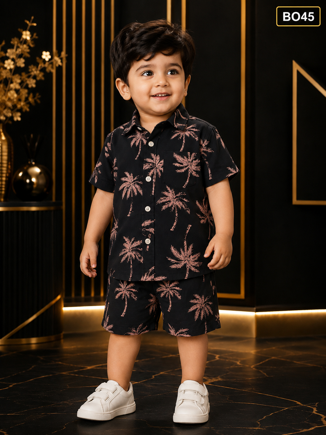 Boys’ Black Palm Tree Print Shirt & Shorts Set-BO45