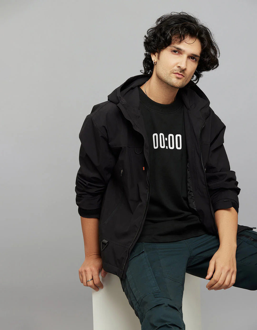 Black Zipper Front Closure Long Sleeves Utility Jacket RJJ547B