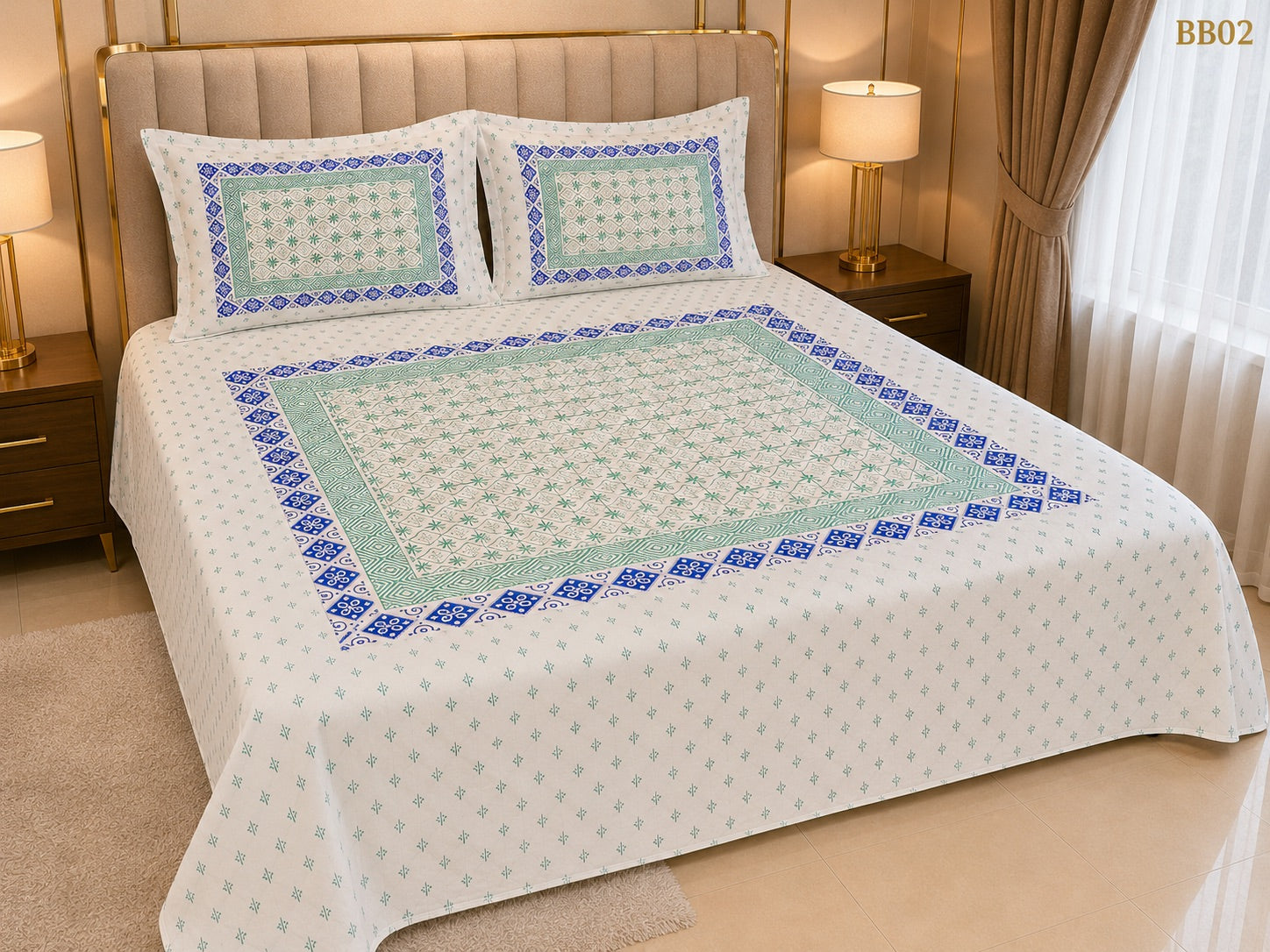 Luxury Mint Blue Geometric Block Bedsheet-BB02