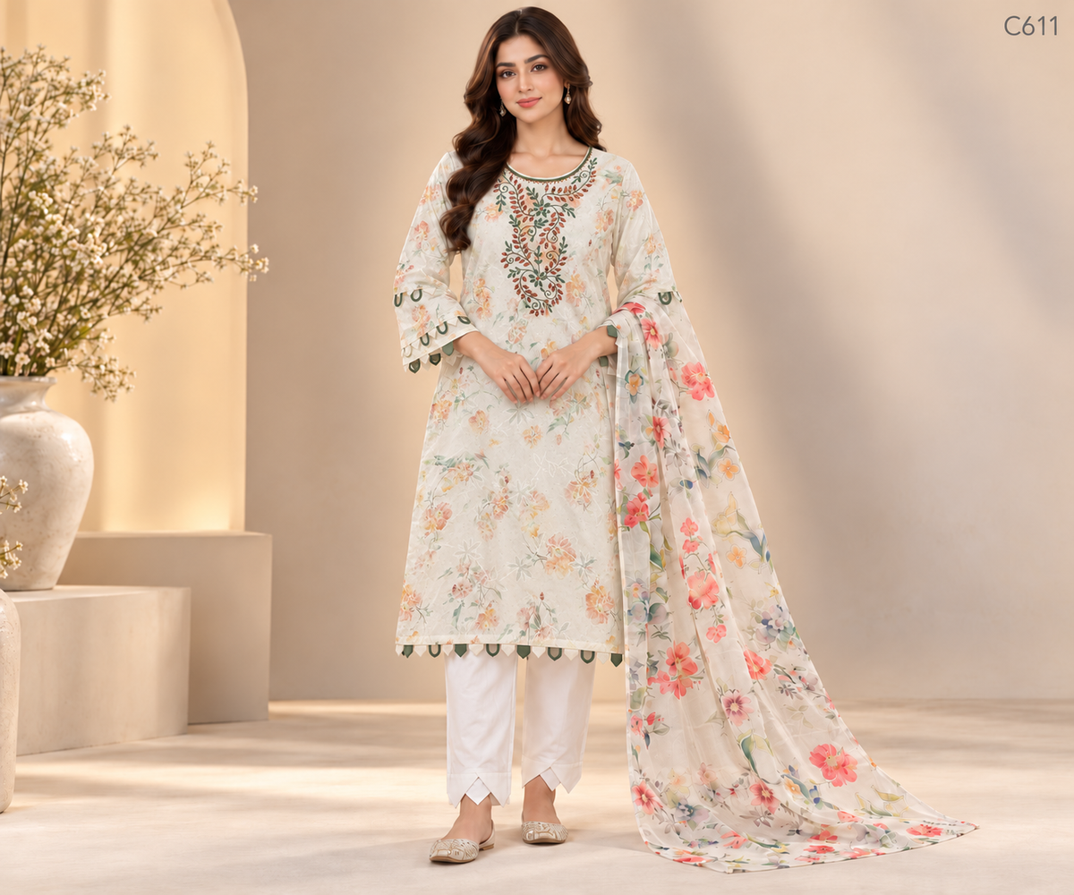 Premium Women’s Floral Embroidered Stitched Three Piece Set - C611