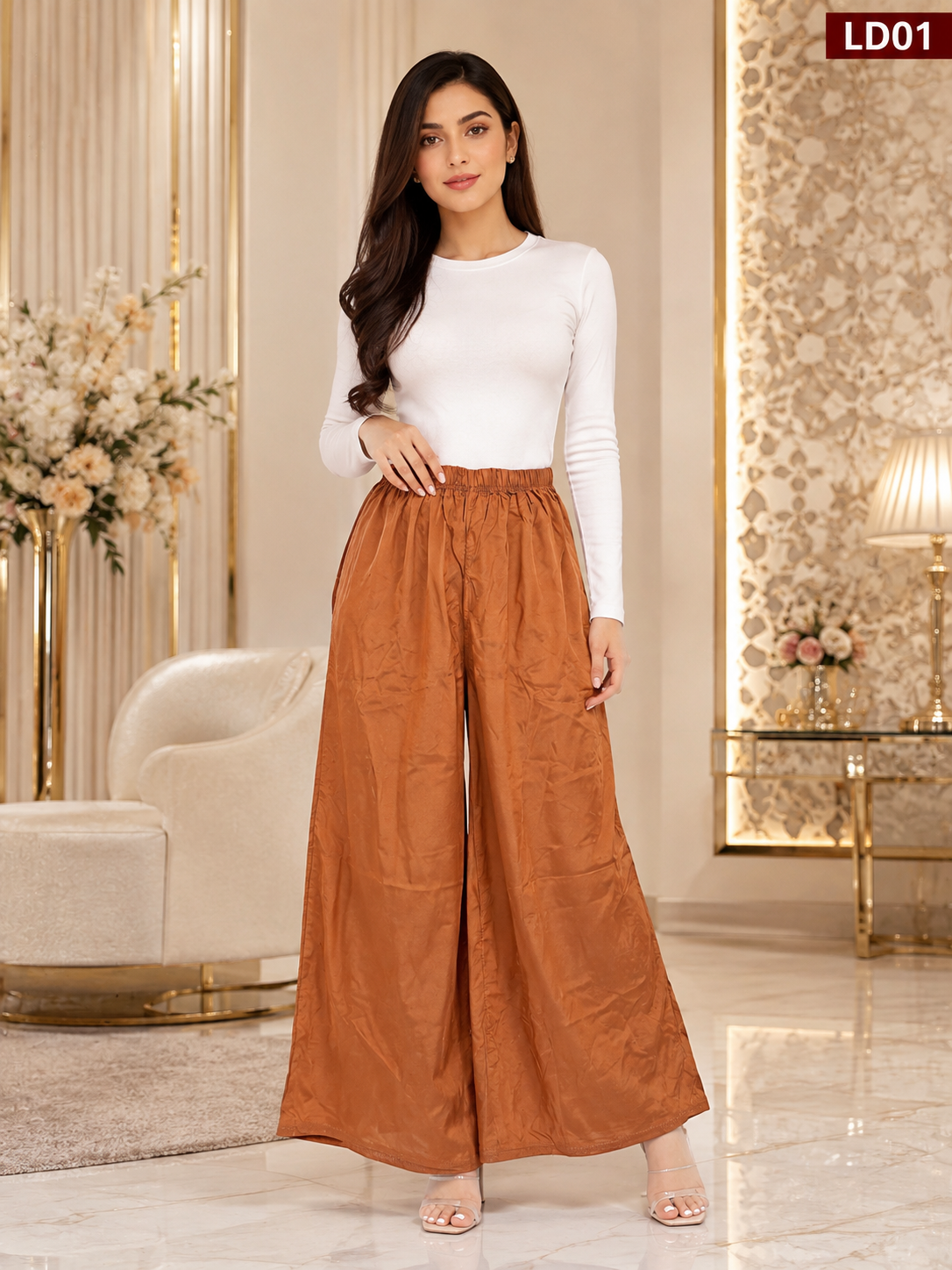 Luxury Brown Wide-Leg Palazzo Pants-LD01
