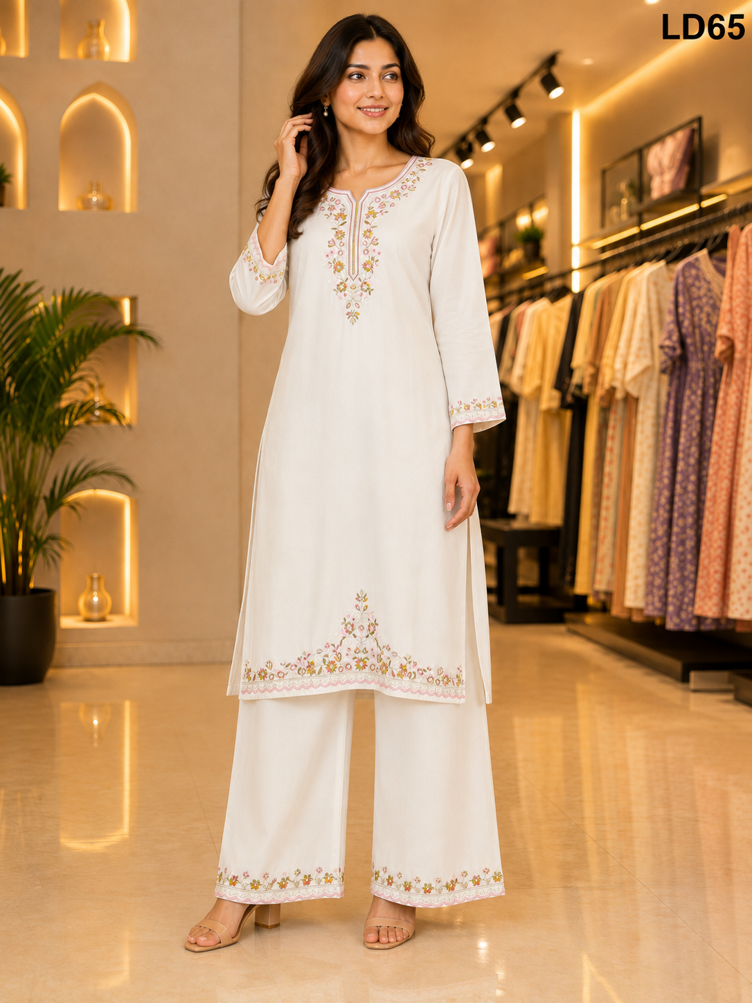 Ivory Floral Embroidered Two-Piece Set-LD65