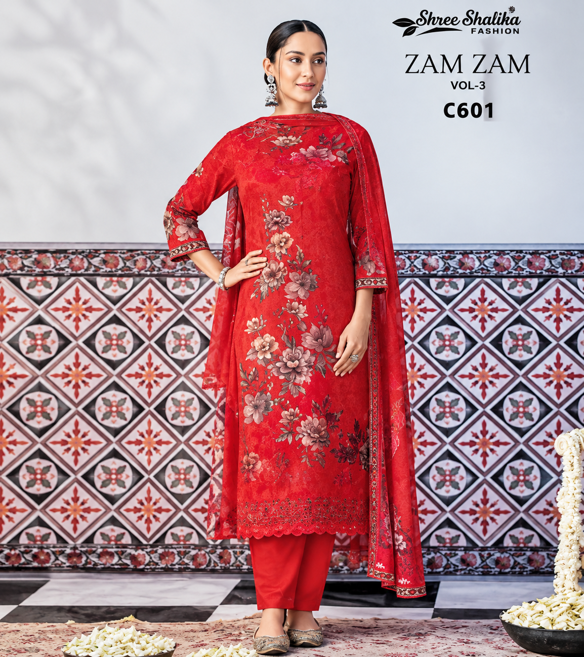 Premium Red Floral Printed Three Piece Set – C601