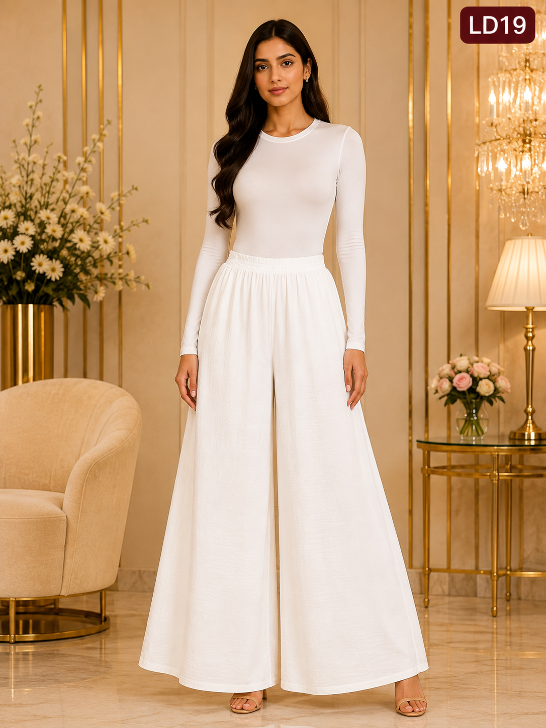 Elegant Pure White Wide-Leg Meesho Palazzo Pants-LD19