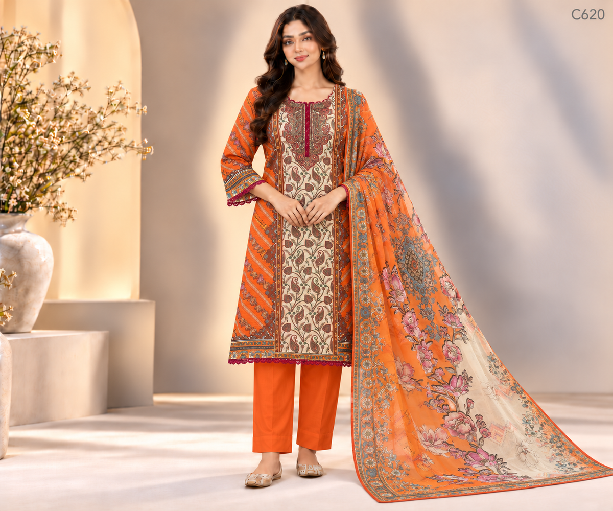 Luxury Ladies Floral & Ornamental Printed Stitched Three Piece - C620