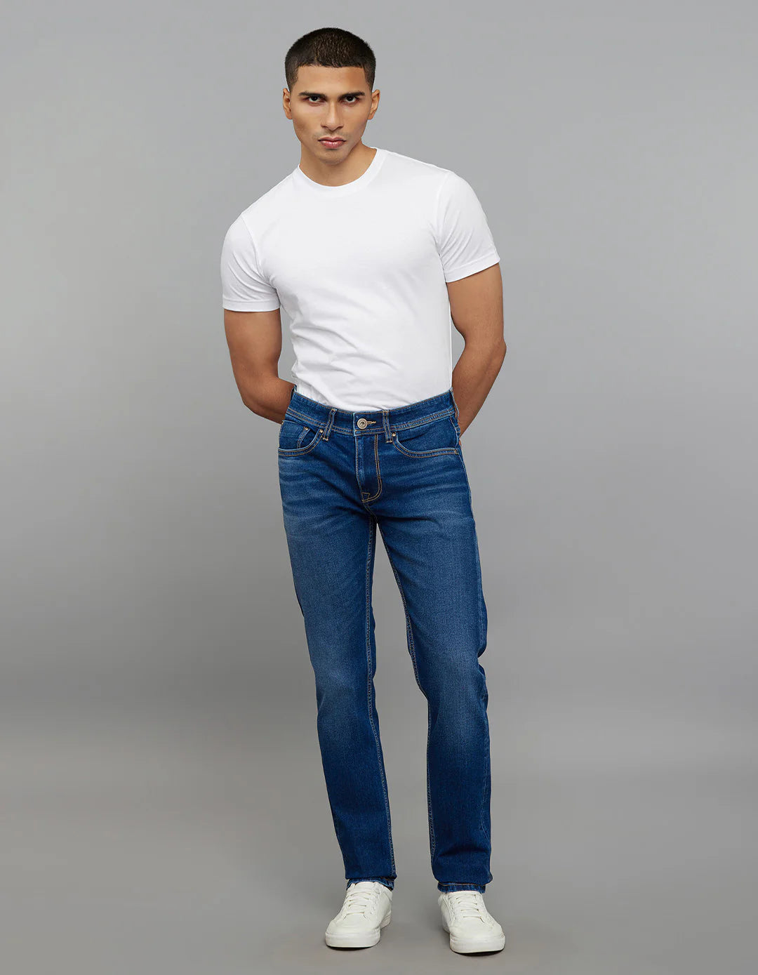Medium Blue 5 Pocket Mid-Rise Slim Straight Fit Classic Stretch Jeans RJ6238