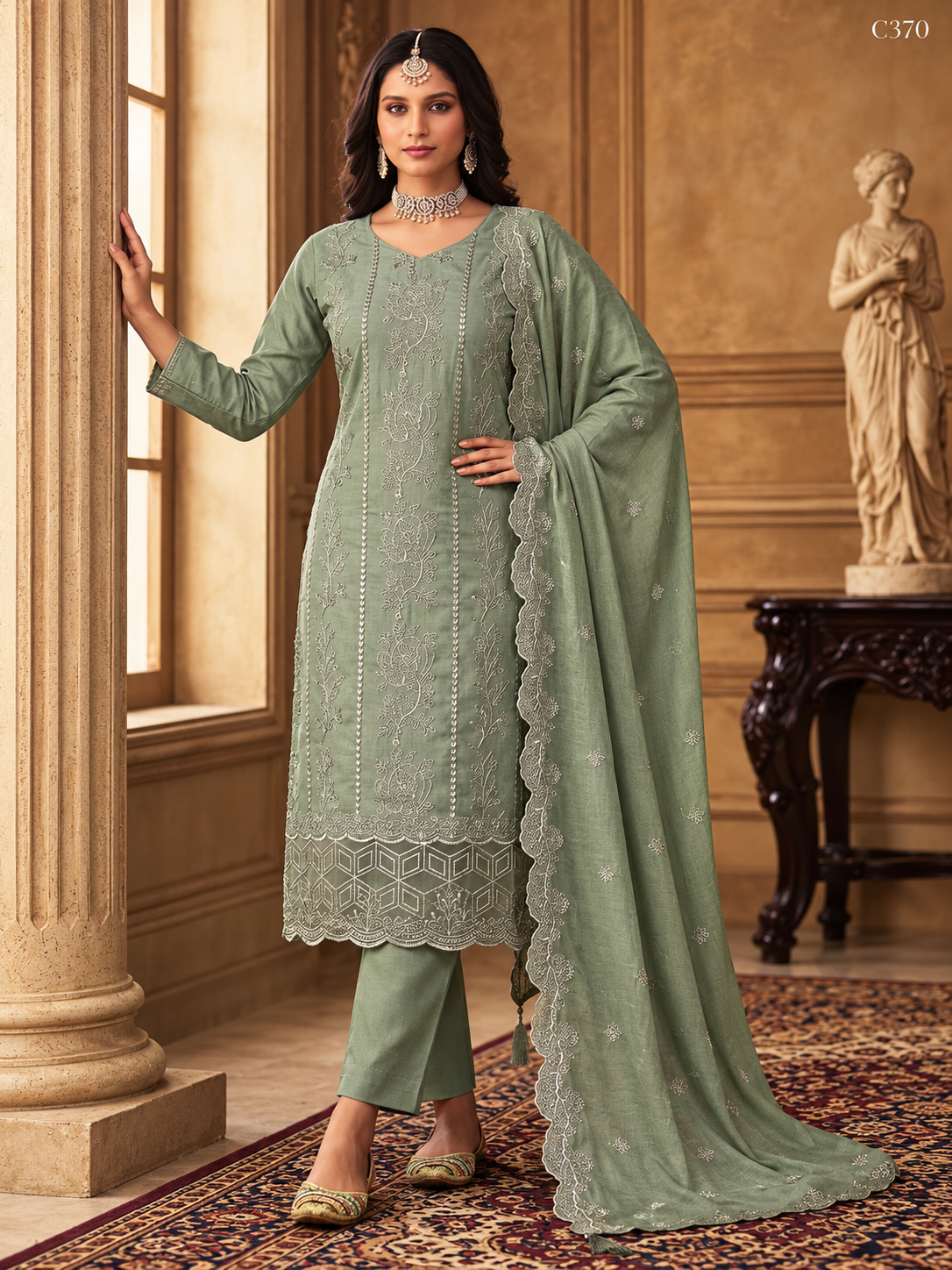 Premium Floral Embroidered Three Piece Set with Scalloped Dupatta – C370