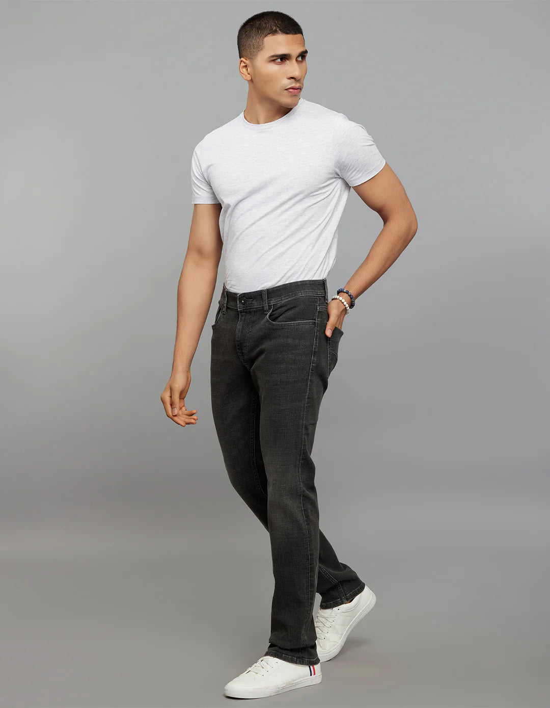 Grey 5 Pocket Mid-Rise Slim Straight Fit Classic Stretch Jeans RJ6416