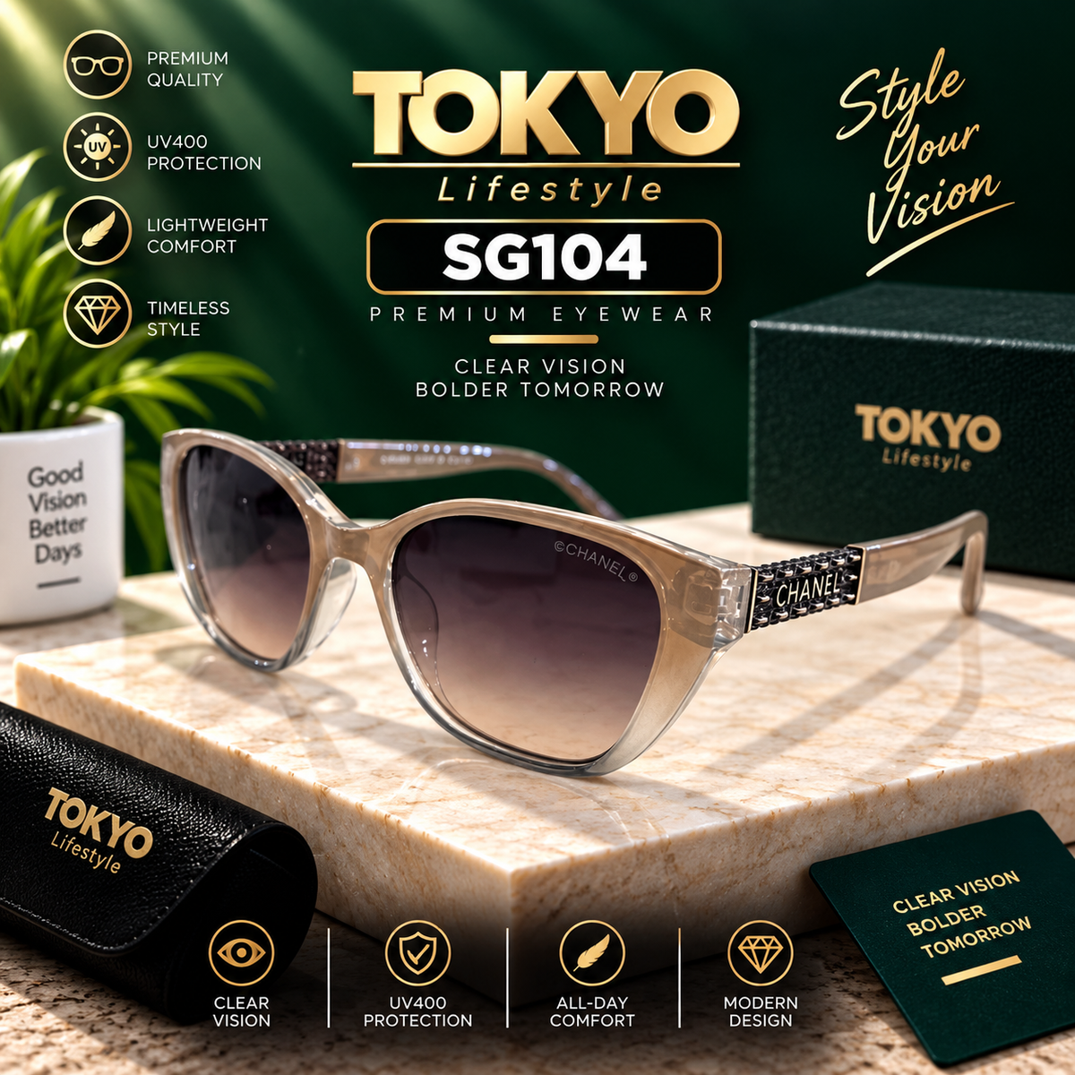 Premium Transparent Beige Cat-Eye Sunglasses – SG104