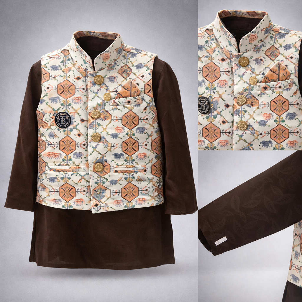 Kids Premium Printed Waistcoat Kurta Pajama Set  403
