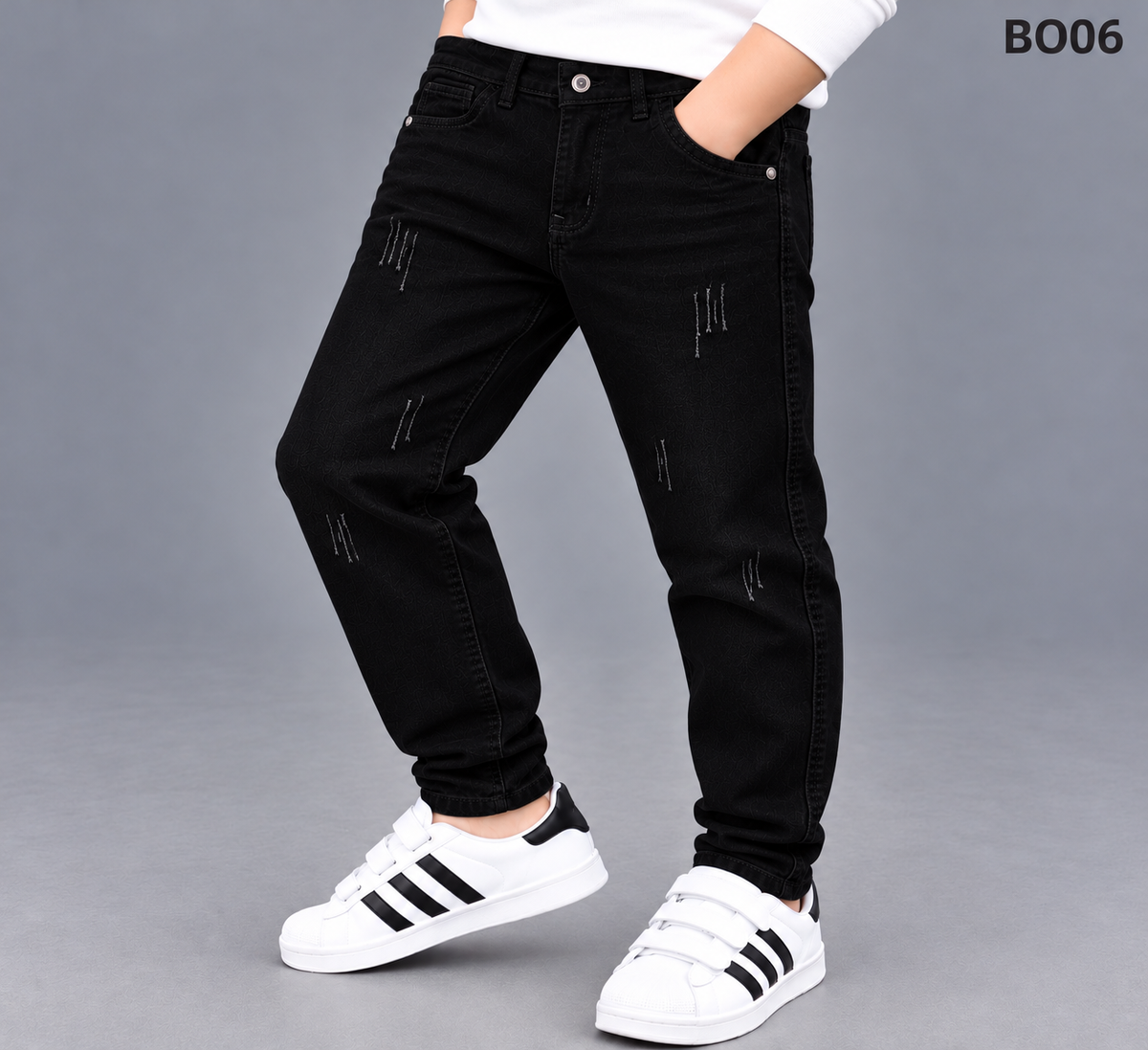 Boys' Premium Distressed Pure Black Denim Jeans – BO06