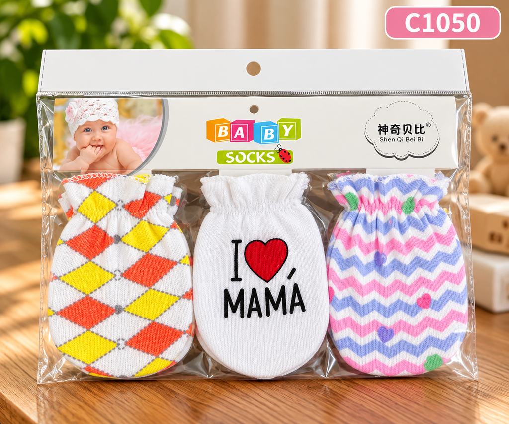 Premium Newborn Baby Mittens – 3 Pairs Printed Set | C1050