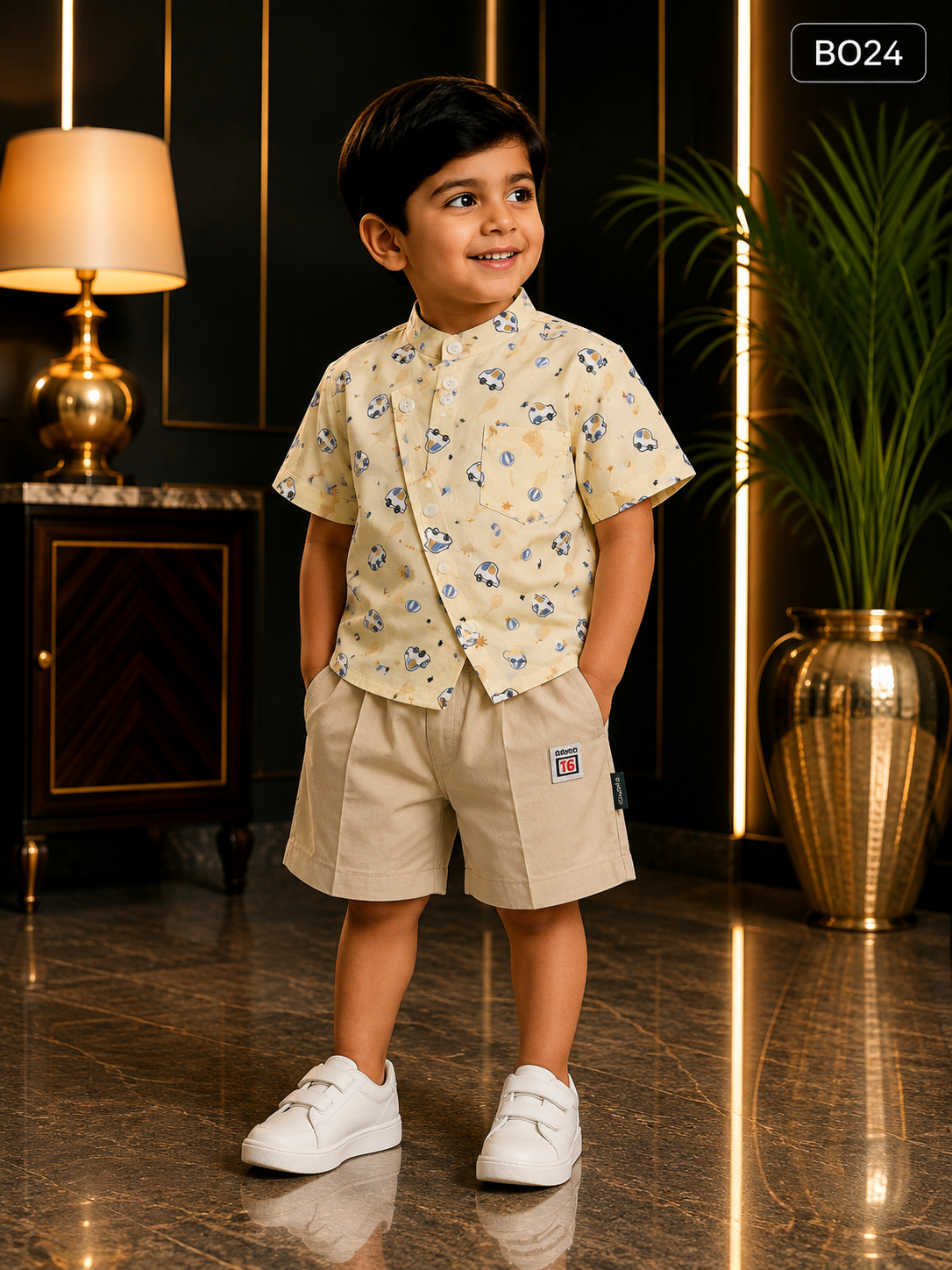 Boys Printed Mandarin Collar Shirt & Shorts Set-BO24