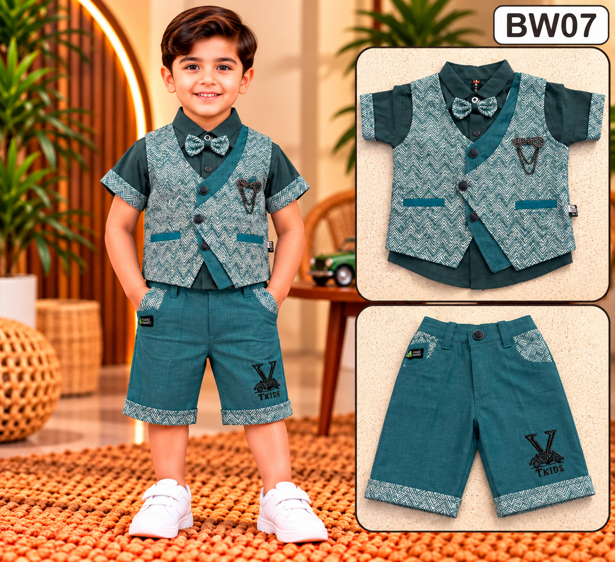 Premium Boys Chevron Waistcoat, Shirt & Shorts Set with Bow Tie-BW07