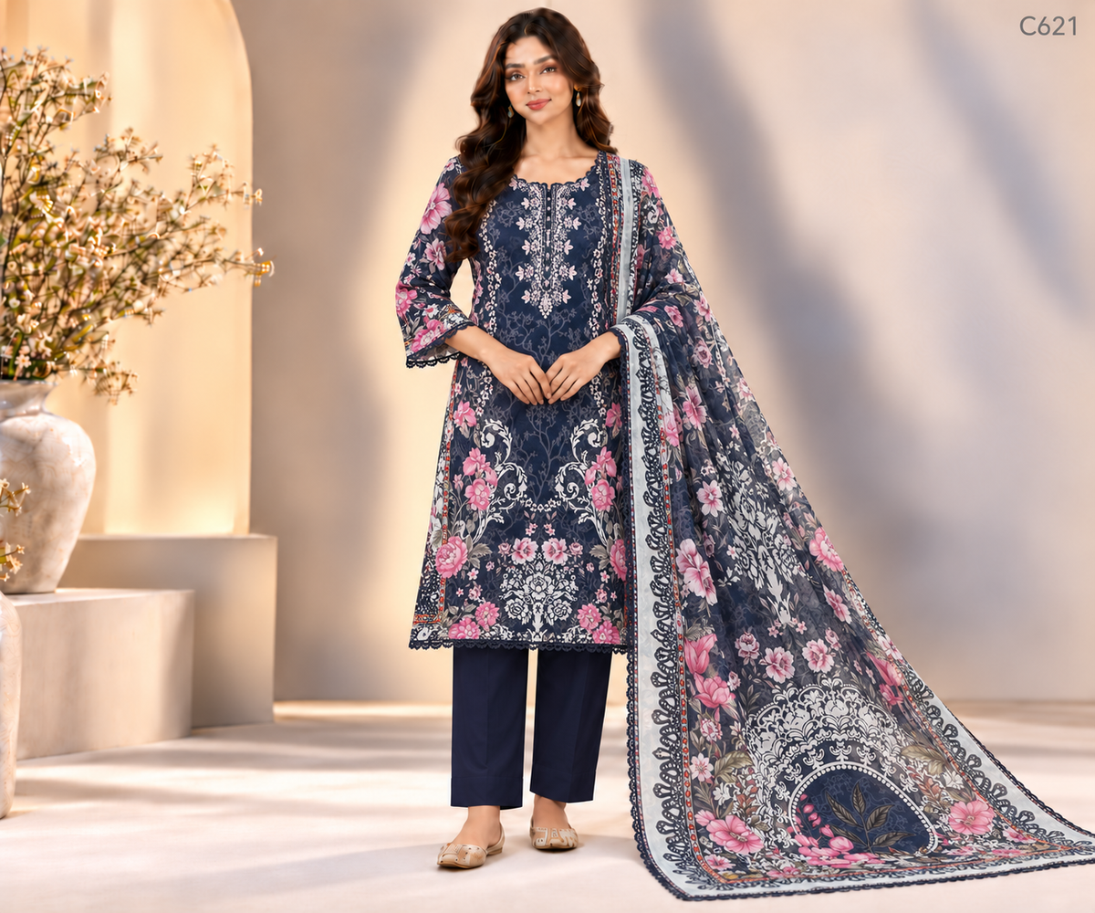 Luxury Ladies Floral & Ornamental Printed Stitched Three Piece - C621