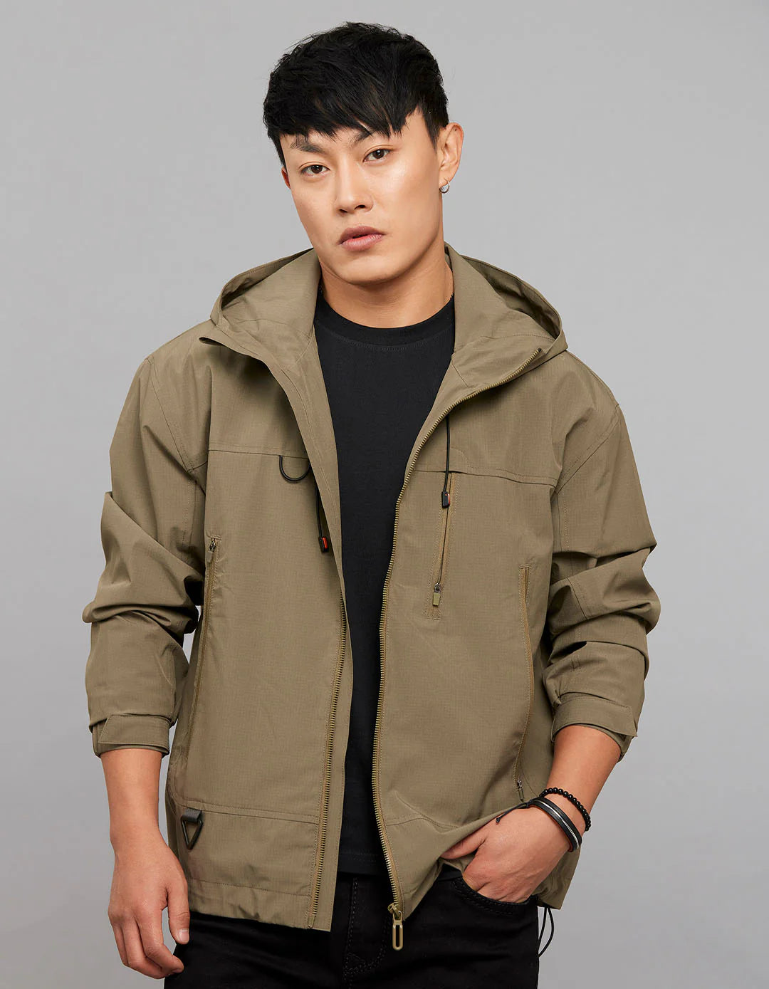 Olive Zipper Front Closure Long Sleeves Utility Jacket RJJ547A