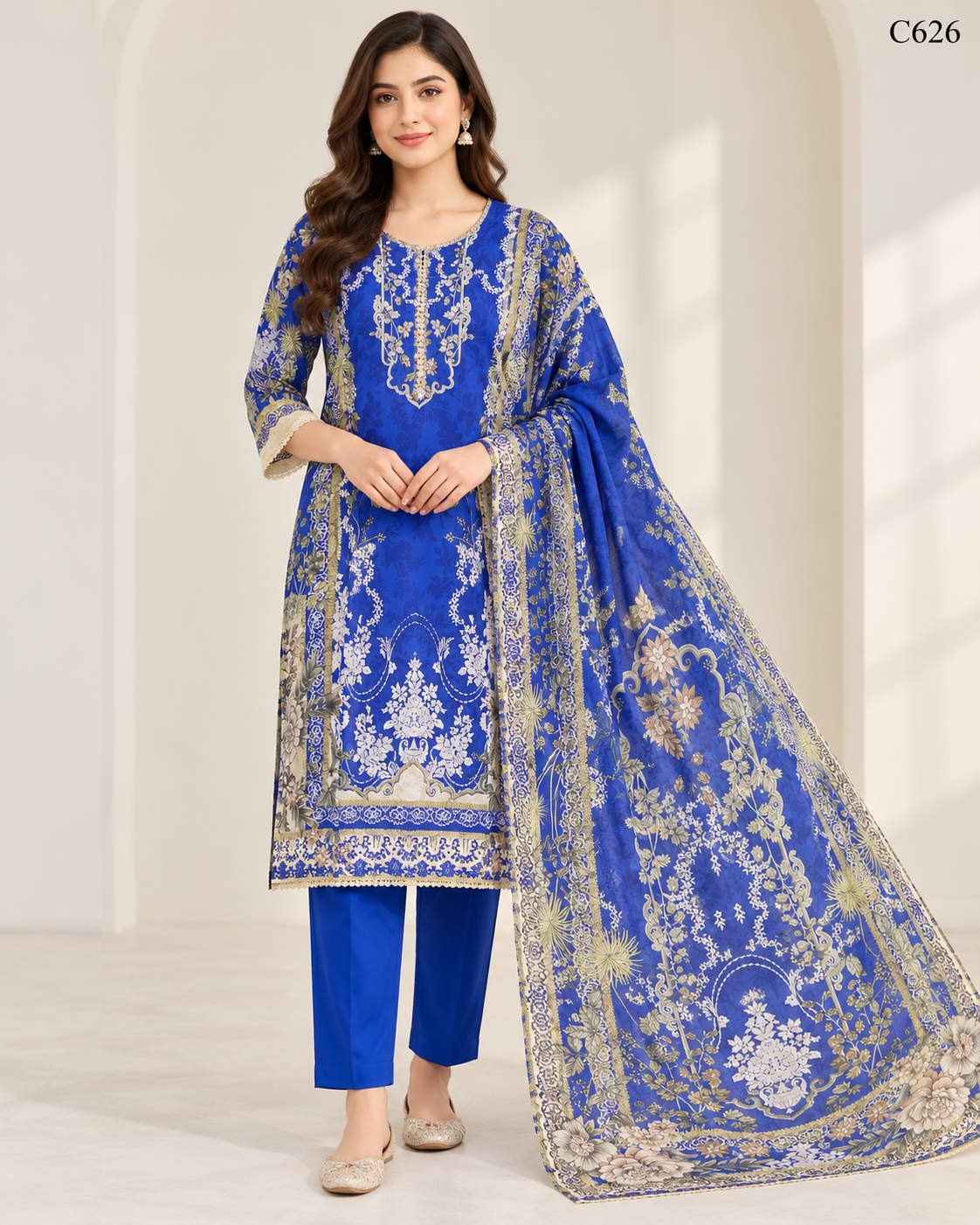 Luxury Ladies Floral & Ornamental Printed Stitched Three Piece - C626