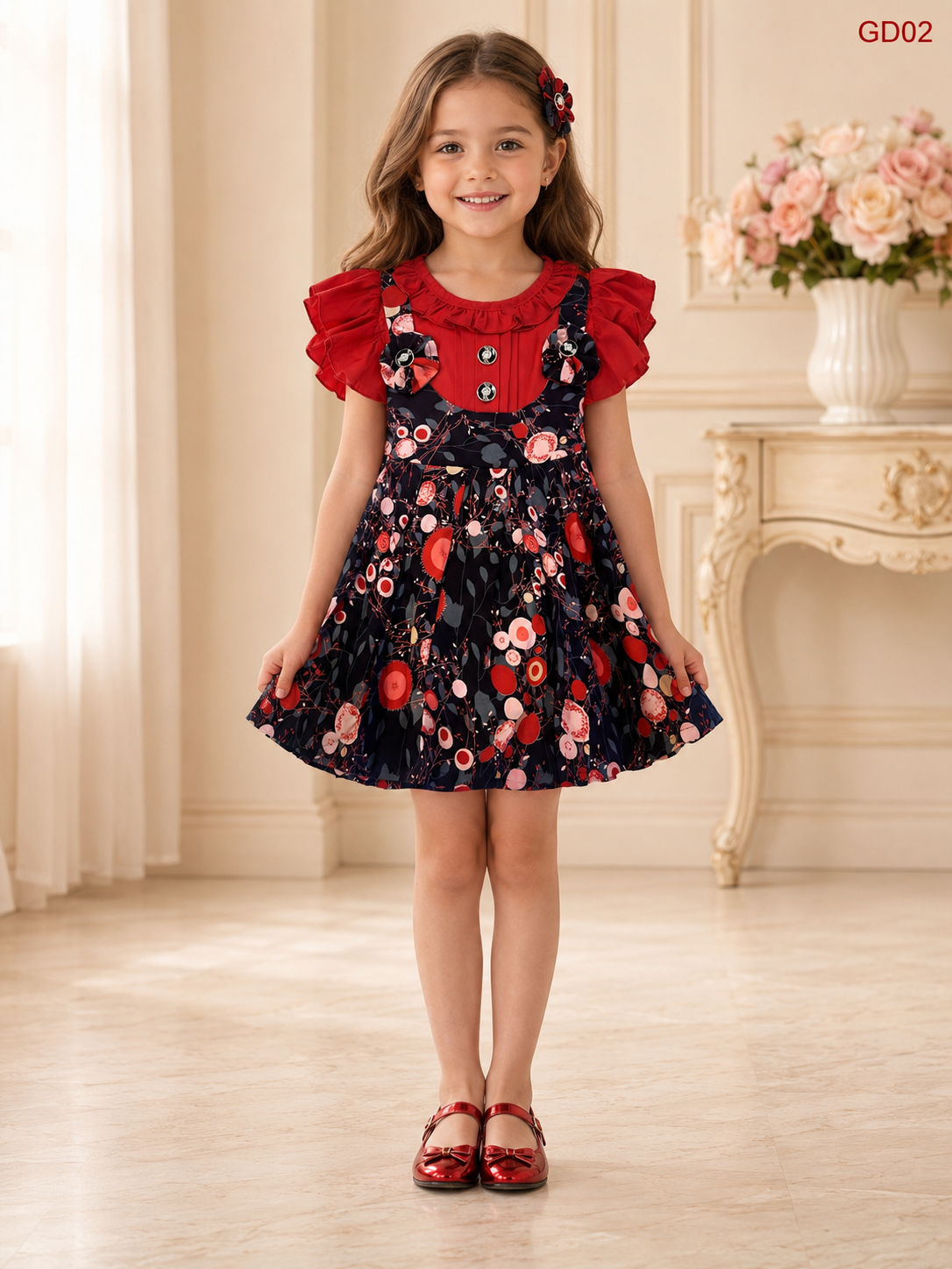 Girls Floral Pinafore Dress With Inner-GD02