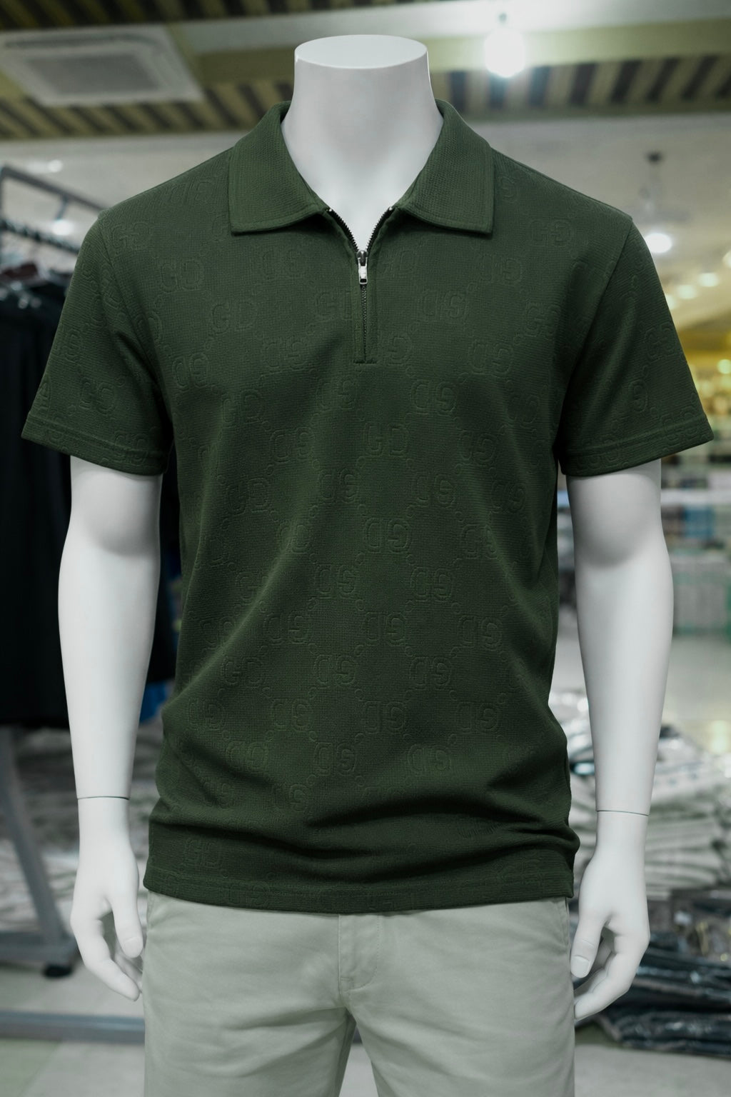 Men's Premium Green Textured Zip Polo T-Shirt 557