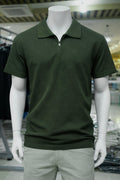 Men's Premium Green Textured Zip Polo T-Shirt 557