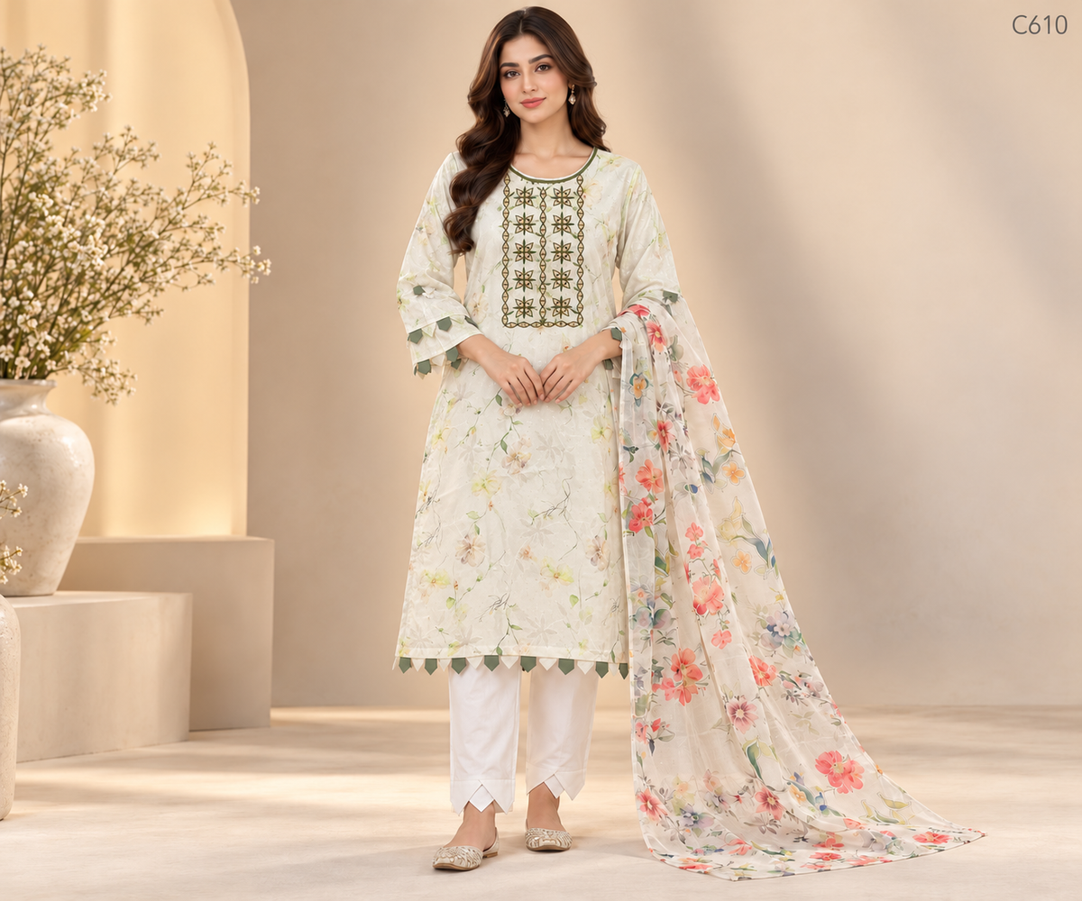 Premium Women’s Floral Embroidered Stitched Three Piece Set - C610