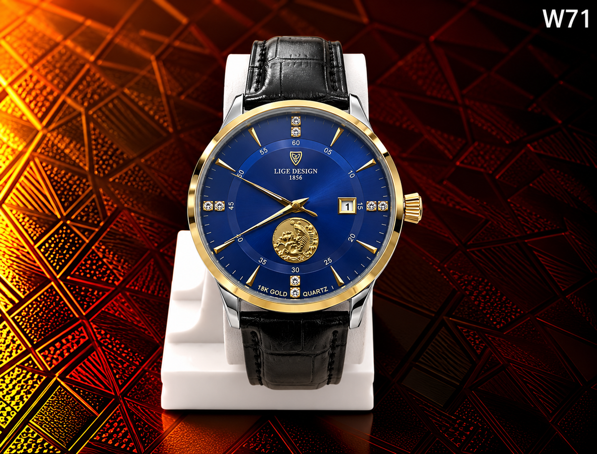 Men's Premium Royal Blue Dial Analog Leather Strap Watch – W71