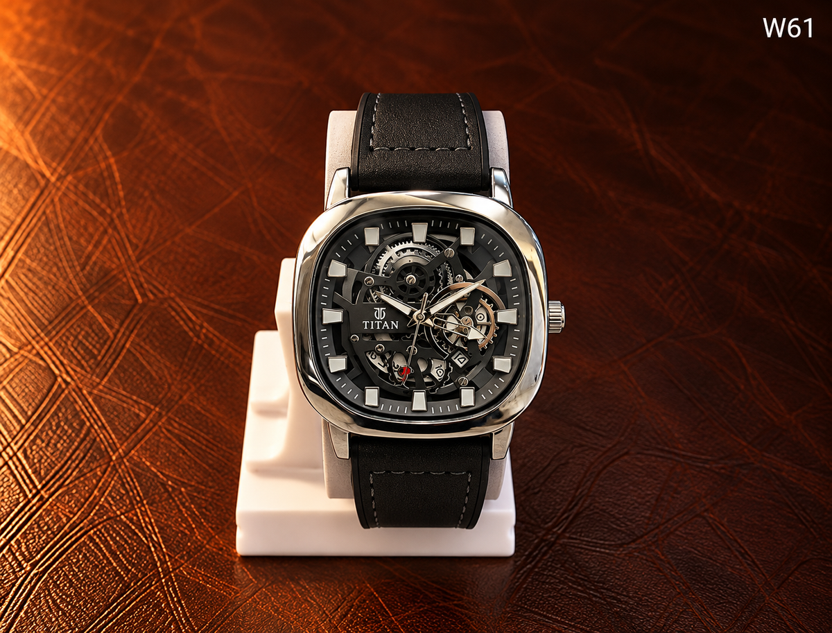 Men's Premium Skeleton Dial Analog Leather Strap Watch – W61