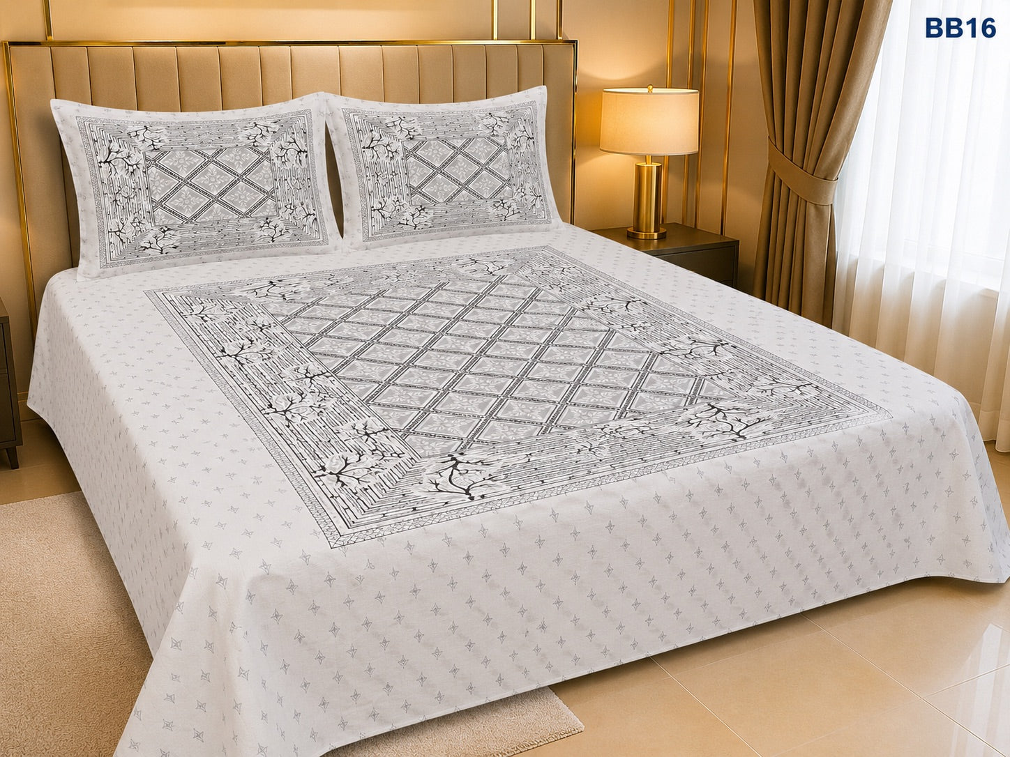 Luxury Grey Floral Geometric Block Bedsheet-BB16