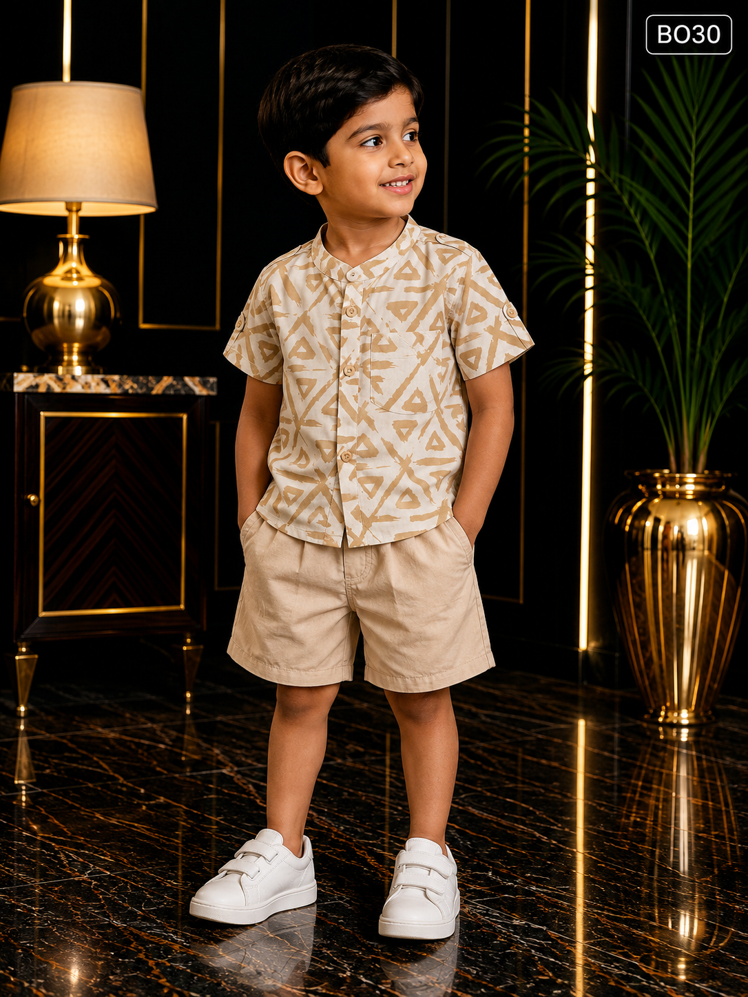 Boys Geometric Print Shirt & Shorts Set-BO30