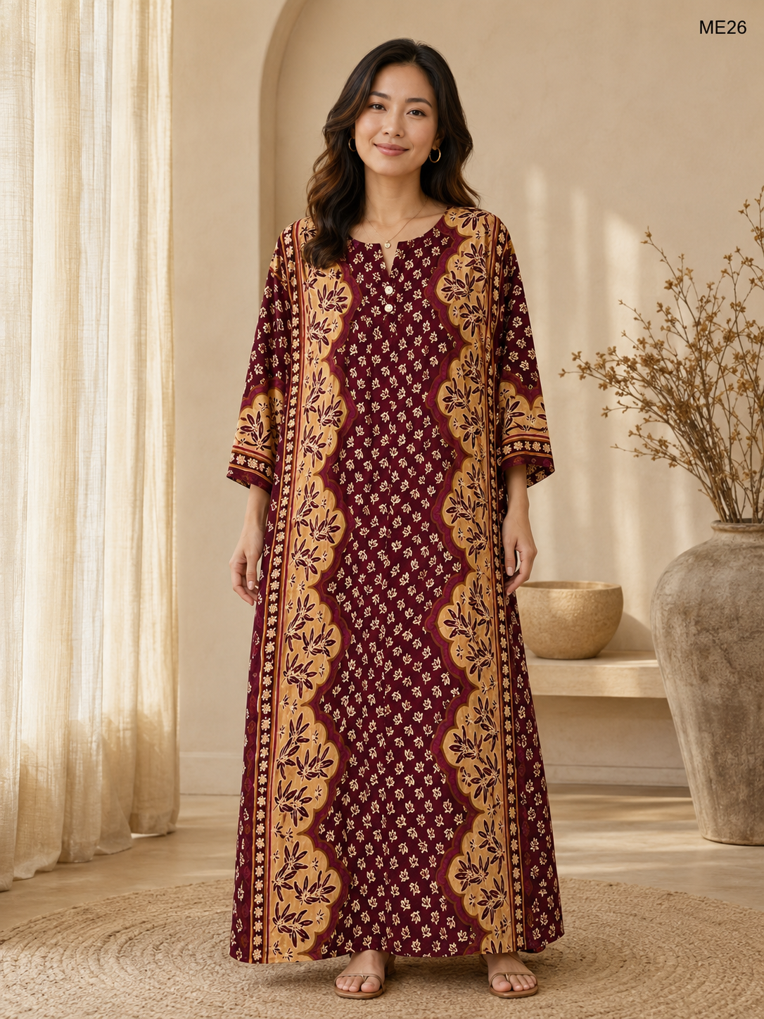 Maroon Gold Printed Button Maxi Dress-ME26