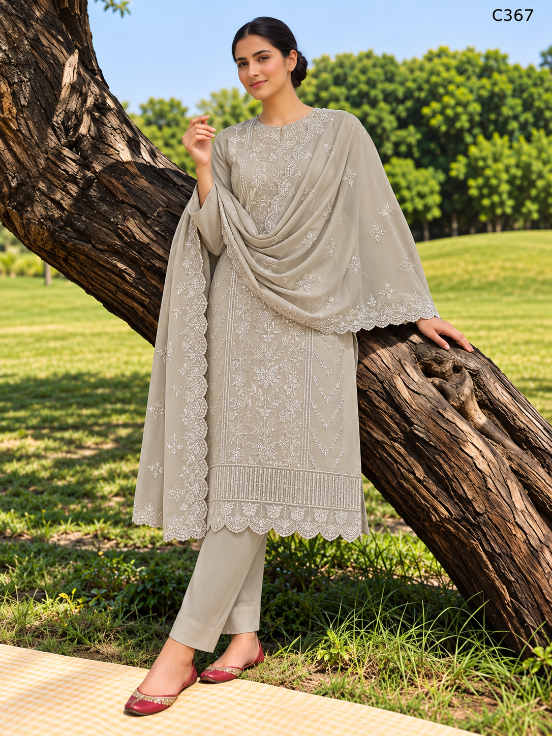 Premium Floral Embroidered Three Piece Set with Scalloped Lace Dupatta – C367