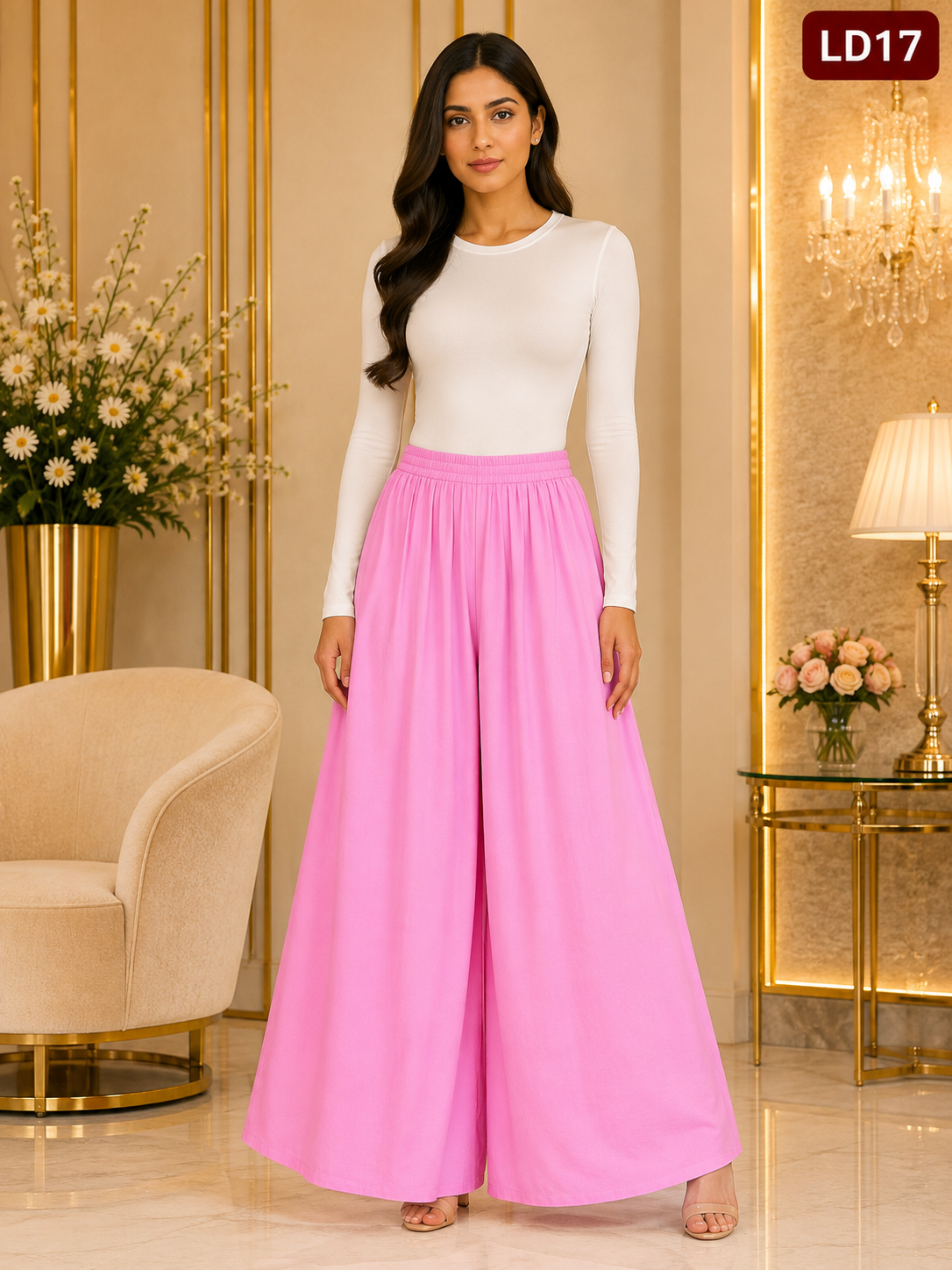 Luxury Baby Pink Wide-Leg Palazzo Pants-LD17