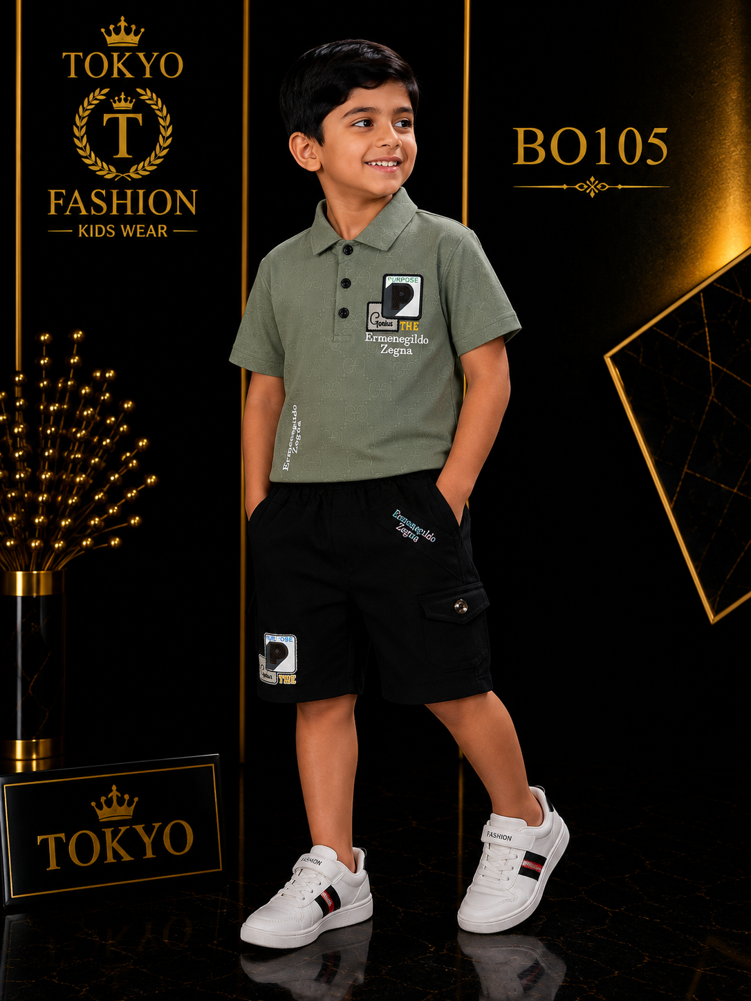Boys’ Premium Printed Polo T-Shirt & Cargo Shorts Set – BO105