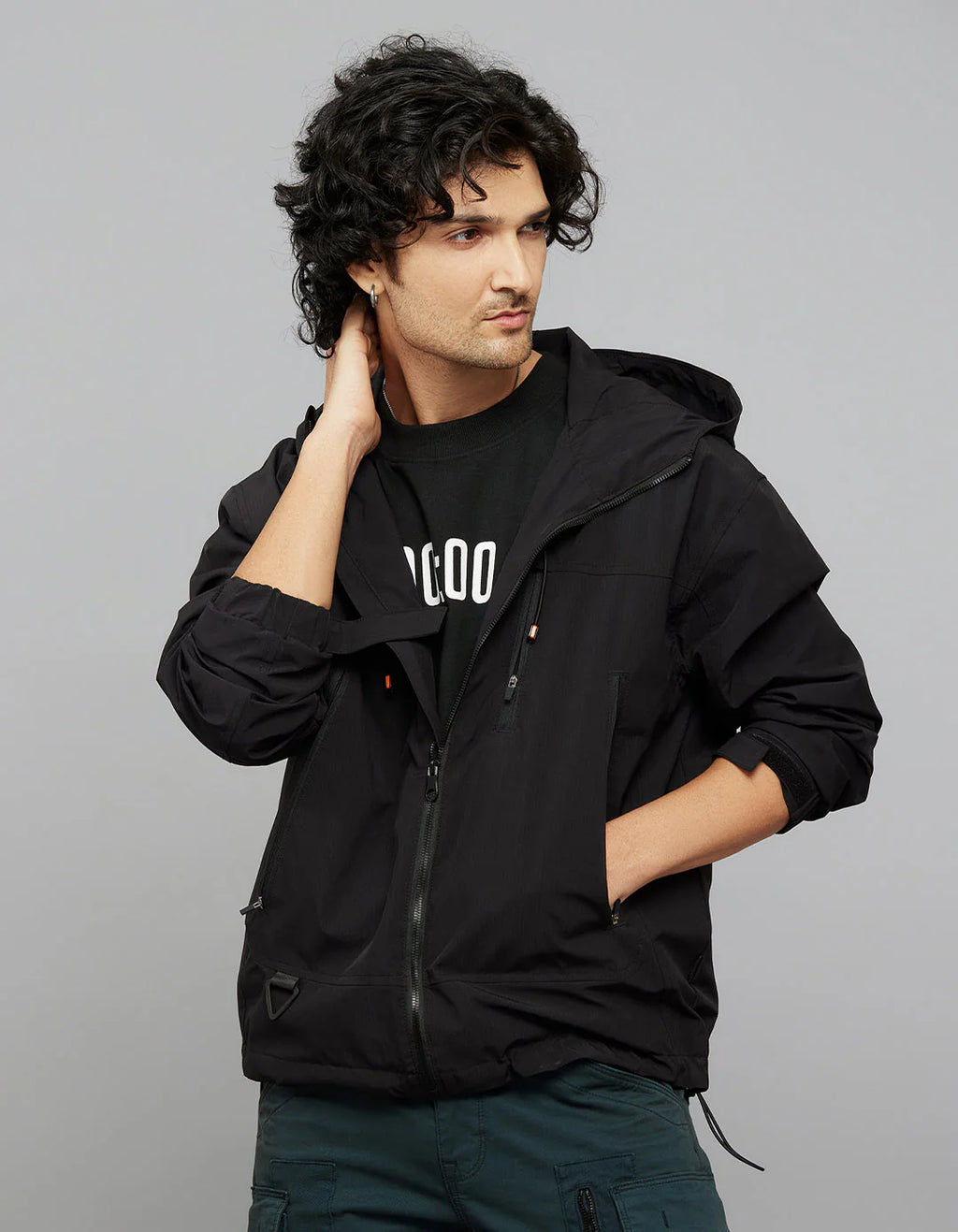 Black Zipper Front Closure Long Sleeves Utility Jacket RJJ547B