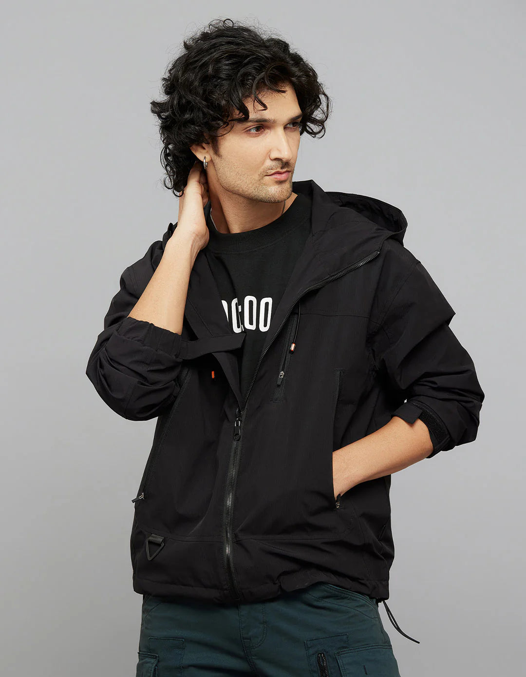 Black Zipper Front Closure Long Sleeves Utility Jacket RJJ547B