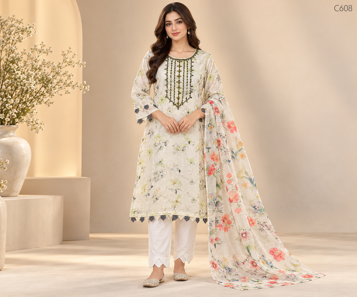 Premium Women’s Floral Embroidered Stitched Three Piece Set - C608