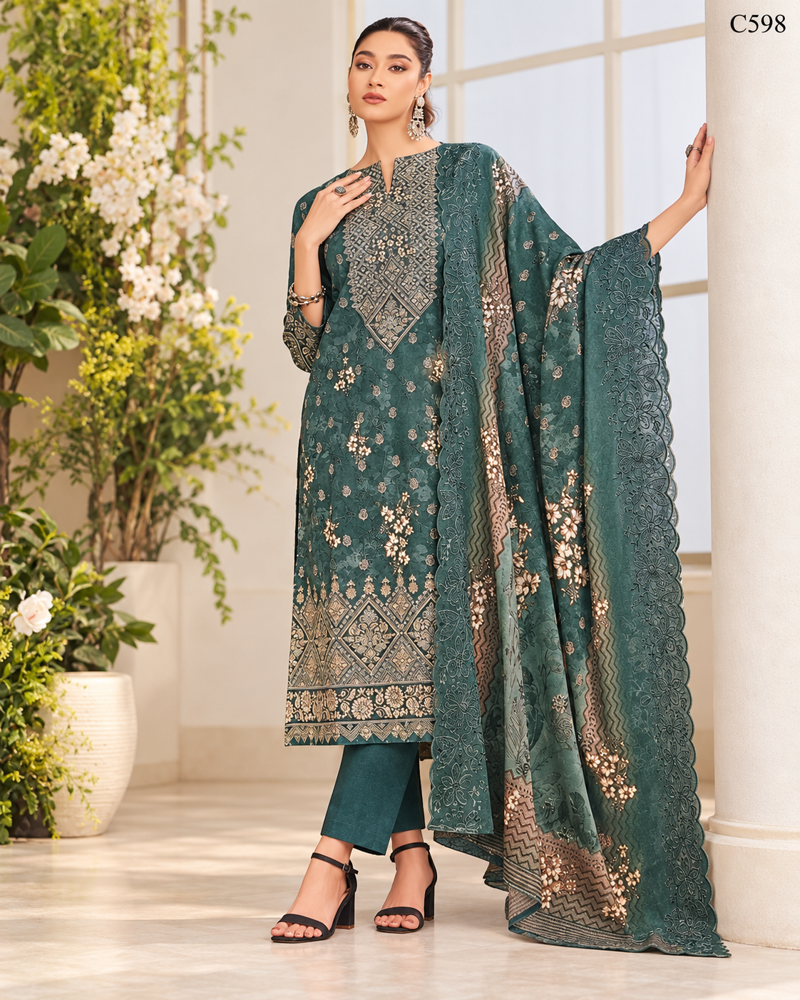 Premium Deep Teal Green Ornamental Printed Three Piece Set  – C598
