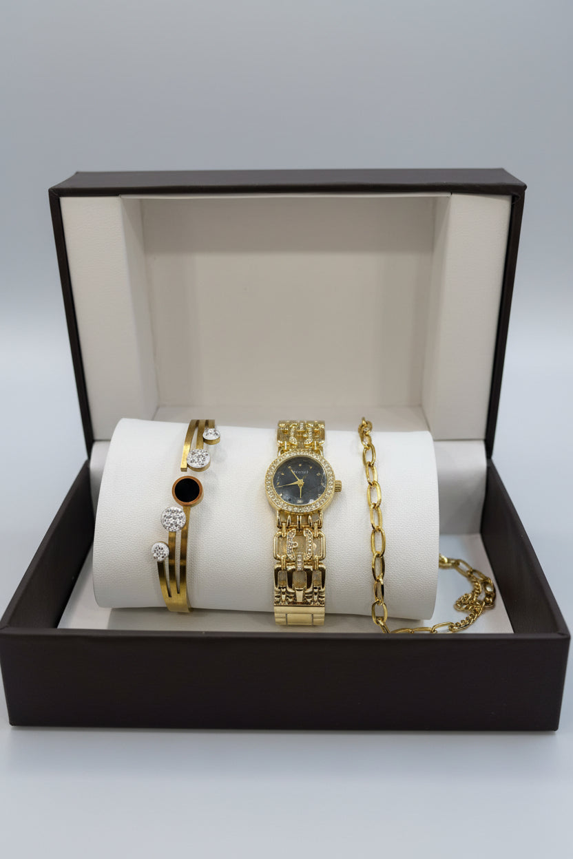 Luxury Gold Crystal Women’s Watch & Bracelet Gift Set BLKH41