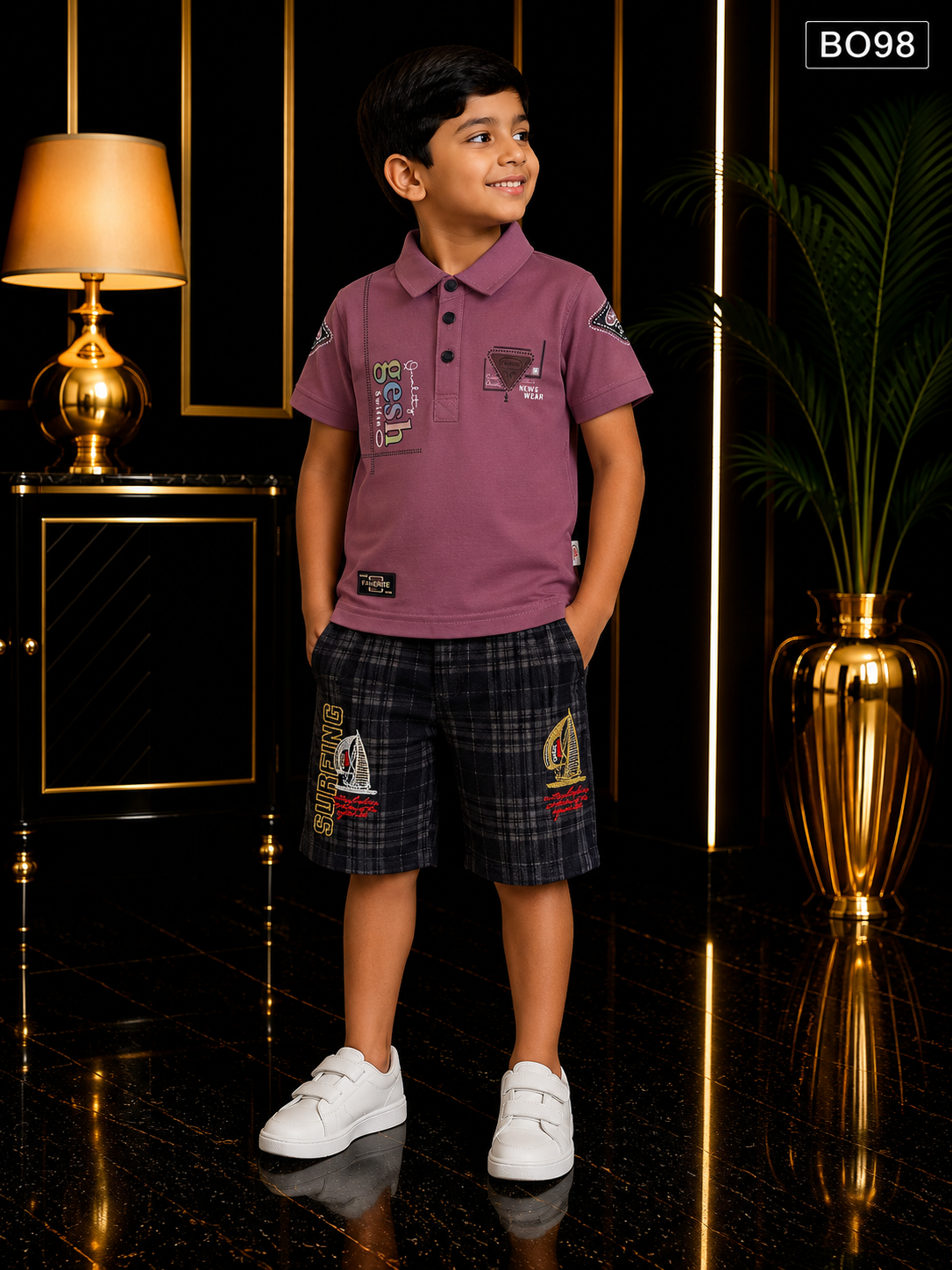 Boys’ Premium Polo T-Shirt & Embroidered Check Shorts Set – BO98