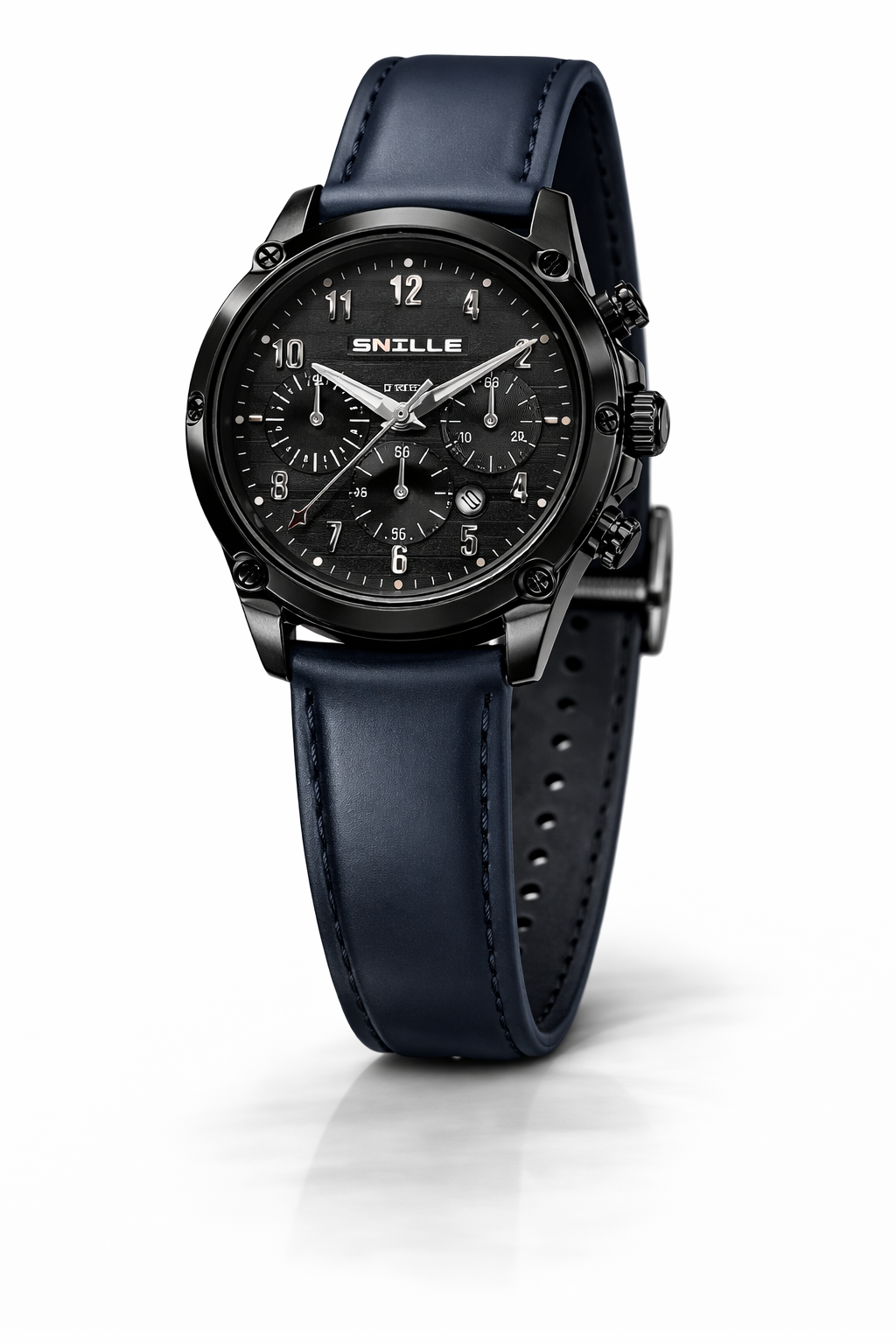 Men's Black Chronograph Wristwatch - Navy Leather Strap 456