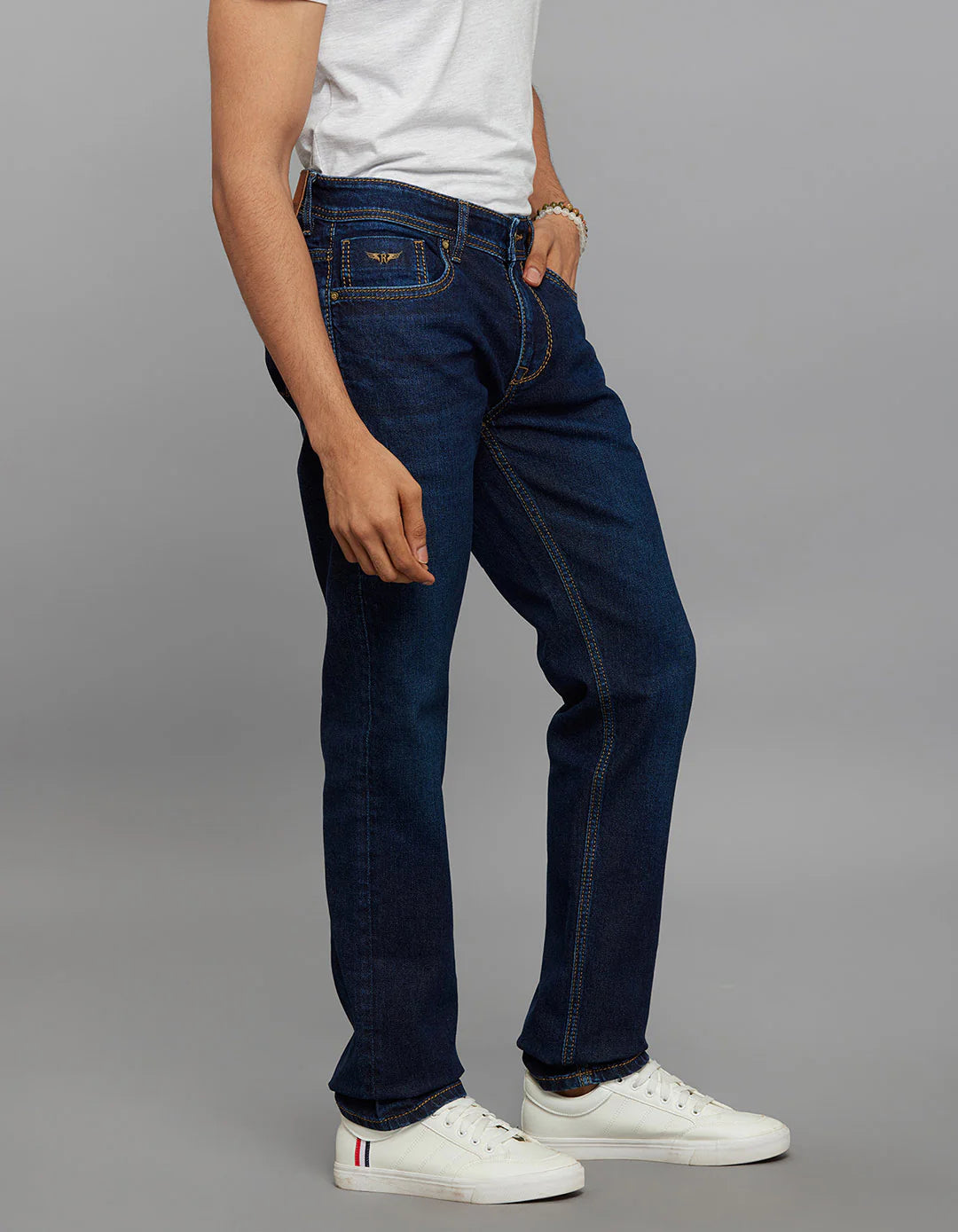 Dark Blue 5 Pocket Mid-Rise Slim Straight Fit Stretch Jeans RJ6305