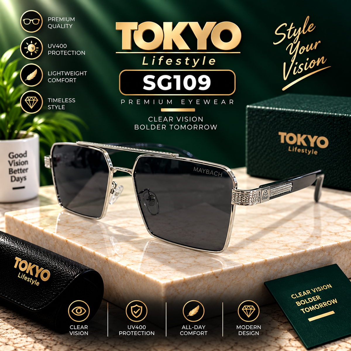 Premium Silver Square Aviator Sunglasses – SG109