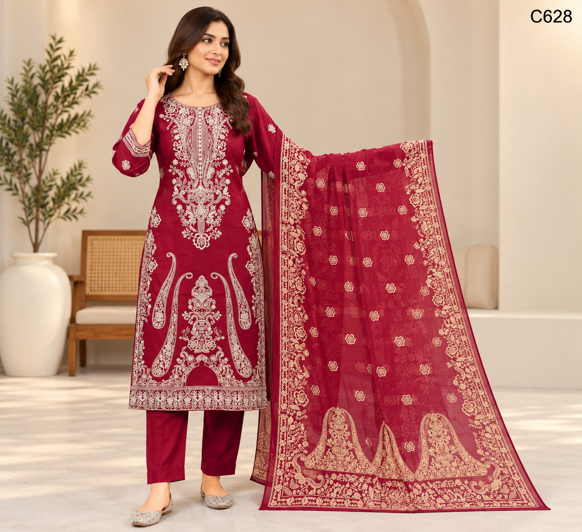 Luxury Women's Embroidered Stitched Three Piece - C628