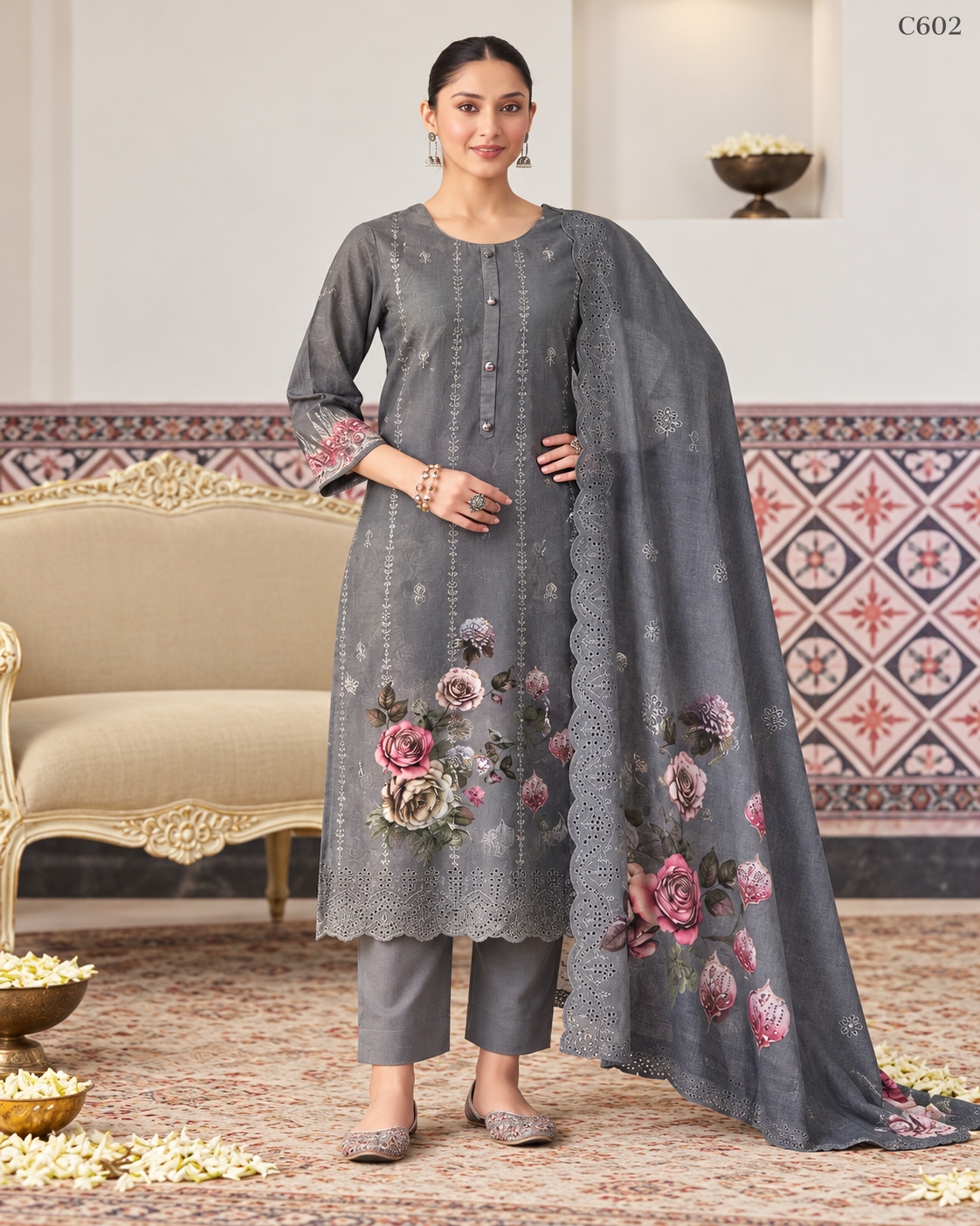 Premium Charcoal Grey Rose Floral Three Piece Set with – C602